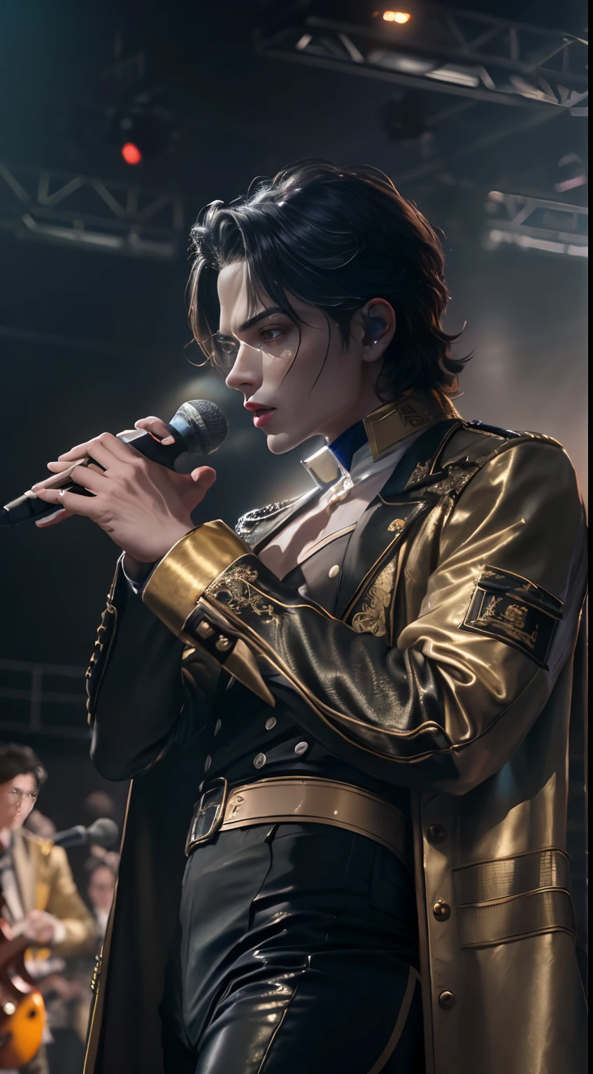 Handsome guy concert,tmasterpiece,8K,high definition resolution,cinmatic lighting,theater,lamplight,perform,cool guy,((microphones:1.5)),Concert,performance,Fashionable clothes,singers,idoly,hyperdetailed face, ((Ultra-detailed)),((Delicate face)),(high light,Gradient hair), com rosto detalhado, Detailed eyes, 二重まぶた,((Ultra-detailed)),((Delicate face)), Beautiful detailed eyes,GSHea,Look at the viewer, ((Distant view)), Strong light and shadow, Cinema lenses,tmasterpiece,Super quality,theater stage,Handsome guy in leggings sings through microphone on stage, Wear stage costumes, singing on stage,Stylish lenses,Handsome guy in gold, Handsome guy with shoulder pads, wearing black uniform, he is a rockstar, regal pose, Gold accents, Michael Jackson's style, gilded black uniform