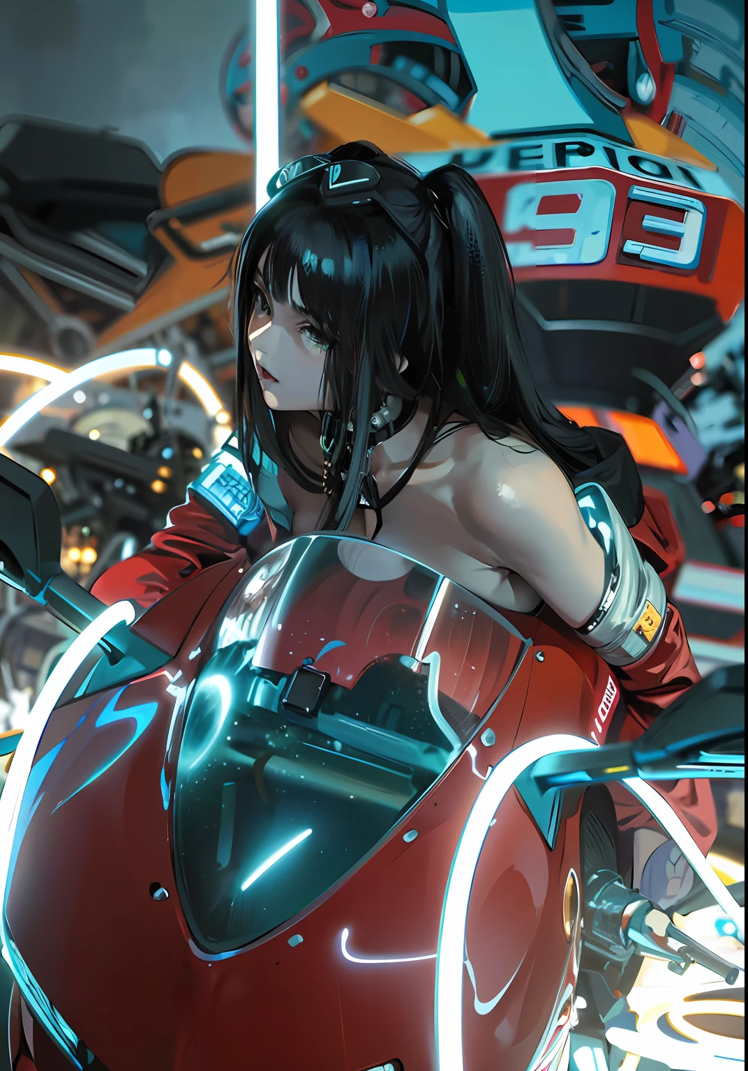 There was a woman sitting on a motorcycle, sitting on cyberpunk motorbike, Anime style mixed with Fujifilm, Anime girl cosplay, Anime cosplay,animemanga girl,animemanga girl, cosplay, Badass anime 8 K, Cyberpunk 2 0 y. o model girl, anime cyberpunk, professional cosplay,The chest is large,The chest pressed against the motorcycle,Bigboobs,cleavage