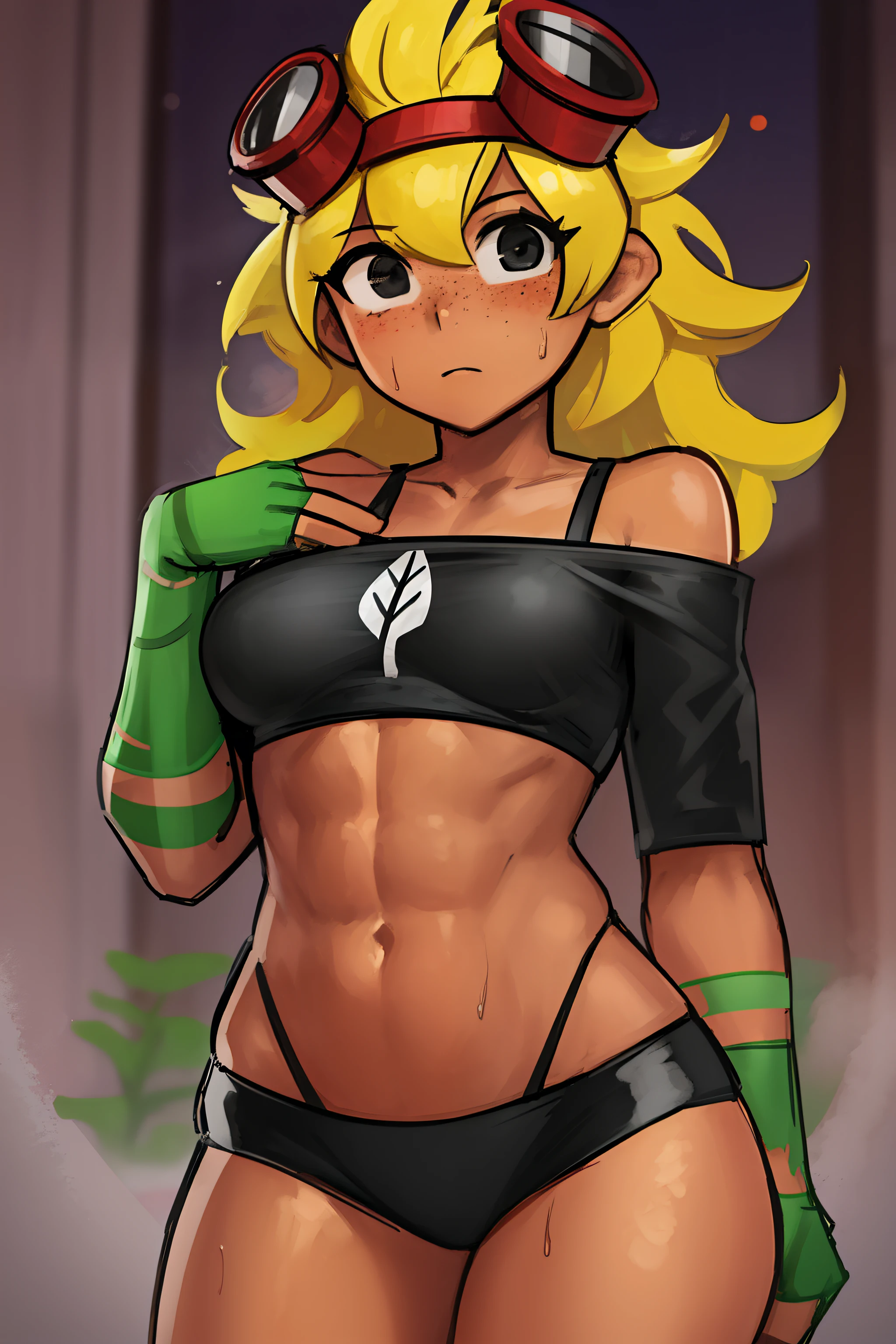 solar_flare_(plants_vs_zombies_heroes), masterpiece, best quality, 1girl, solo, sexy, wet, goggles, blonde hair, goggles on head, breasts, underwear, freckles, dark skin, dark-skinned female, gloves, green underwear, medium breasts, spiked hair, clenched hands, black eyes, looking at viewer, abs, fingerless gloves, green gloves, bare shoulders, long hair, off shoulder, black shirt outdoors