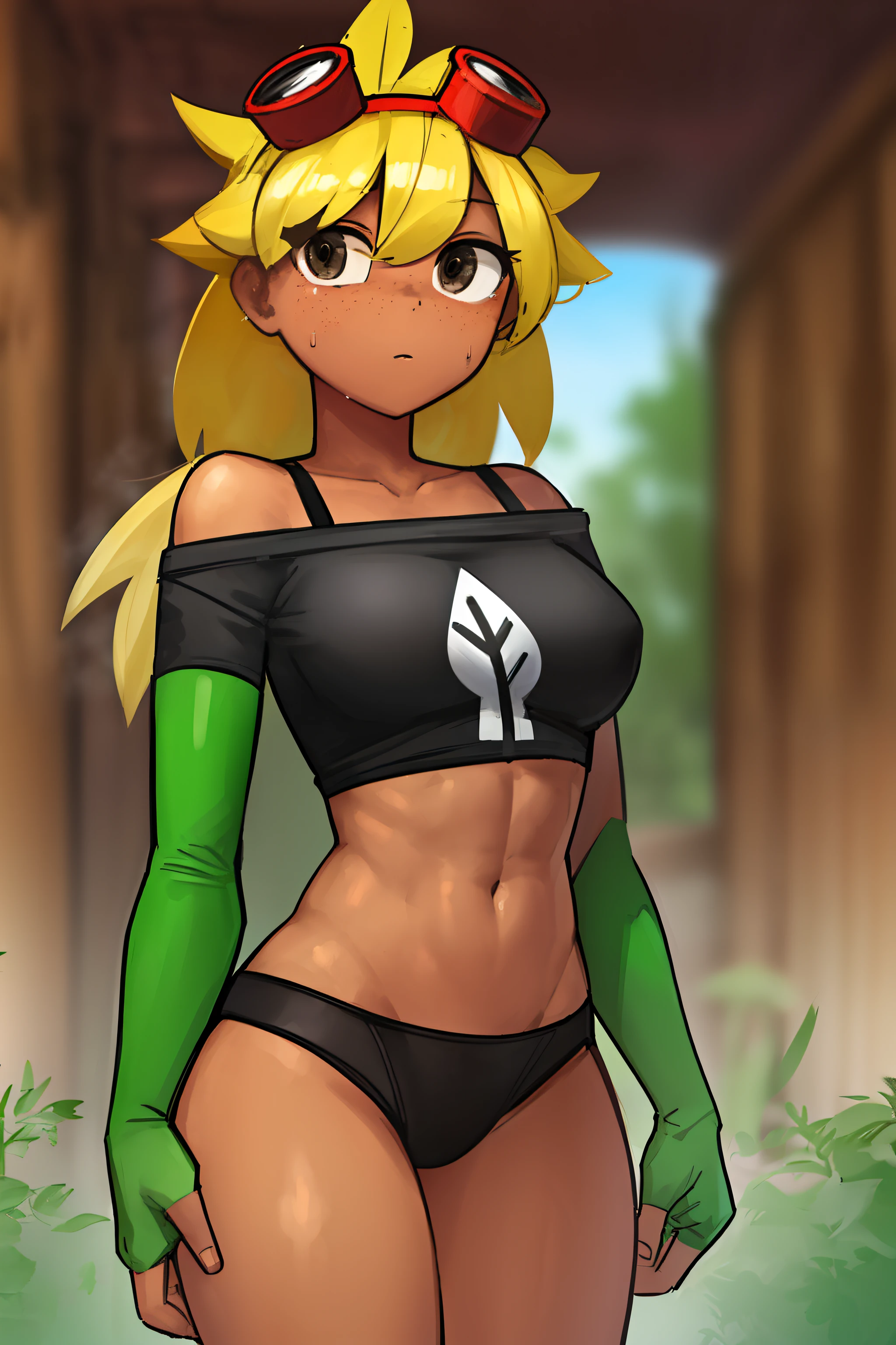 solar_flare_(plants_vs_zombies_heroes), masterpiece, best quality, 1girl, solo, sexy, wet, goggles, blonde hair, goggles on head, breasts, underwear, freckles, dark skin, dark-skinned female, gloves, green underwear, medium breasts, spiked hair, clenched hands, black eyes, looking at viewer, abs, fingerless gloves, green gloves, bare shoulders, long hair, off shoulder, black shirt outdoors