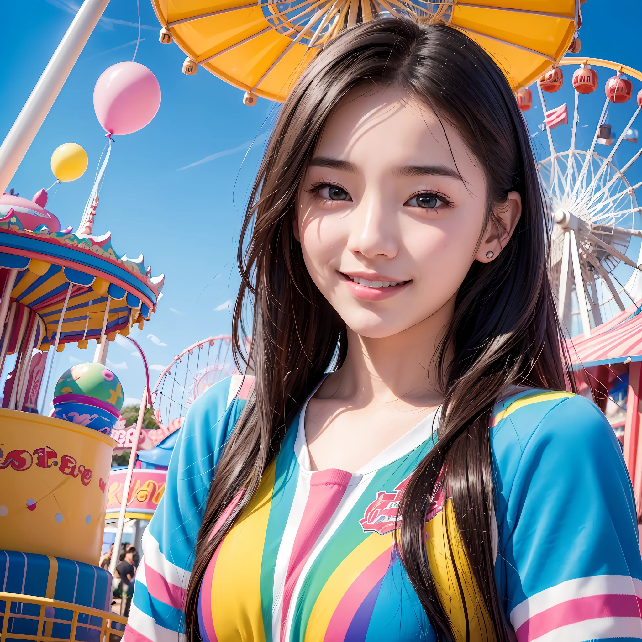 (8K、top-quality、超A high resolution、​masterpiece:1.2)、(Photorealsitic:1.4)、(detailed skins:1.3)、(bokeh dof)、女の子1人、(ulzzang-6500:1.0)、(style-keta: 0.8)、Portrait of cute ite teeautiful Japan girl at 15 years old、Teen、(Detamile、(Colorful amusement park)、stas、happiness、lots of balloons、the Ferris wheel、merry-go-round、rollercoaster、Elaborate CG 8K wallpapers、dynamic ungle、beautiful  lighting、profetional lighting、(foco nítido)