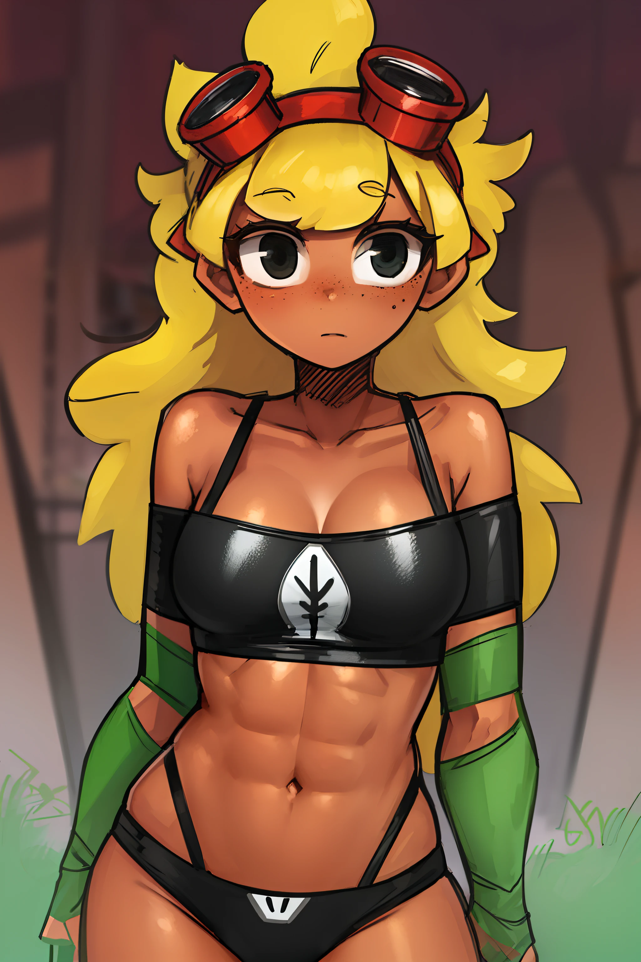 solar_flare_(plants_vs_zombies_heroes), masterpiece, best quality, 1girl, solo, sexy, wet, goggles, blonde hair, goggles on head, breasts, underwear, freckles, dark skin, dark-skinned female, gloves, green underwear, medium breasts, spiked hair, clenched hands, black eyes, looking at viewer, abs, fingerless gloves, green gloves, bare shoulders, long hair, off shoulder, black shirt outdoors