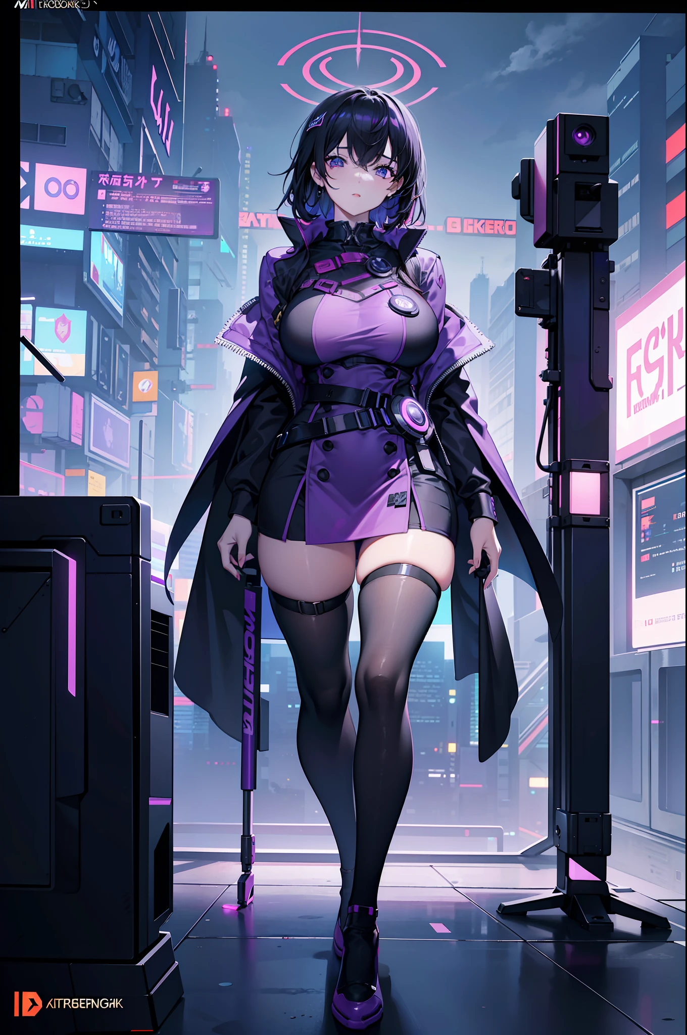 A beauty in her 30s, happy, excited, purple hair, purple eyes, street, doomsday, good-looking eyes, masterpiece of best quality, 8k, high quality, high resolution