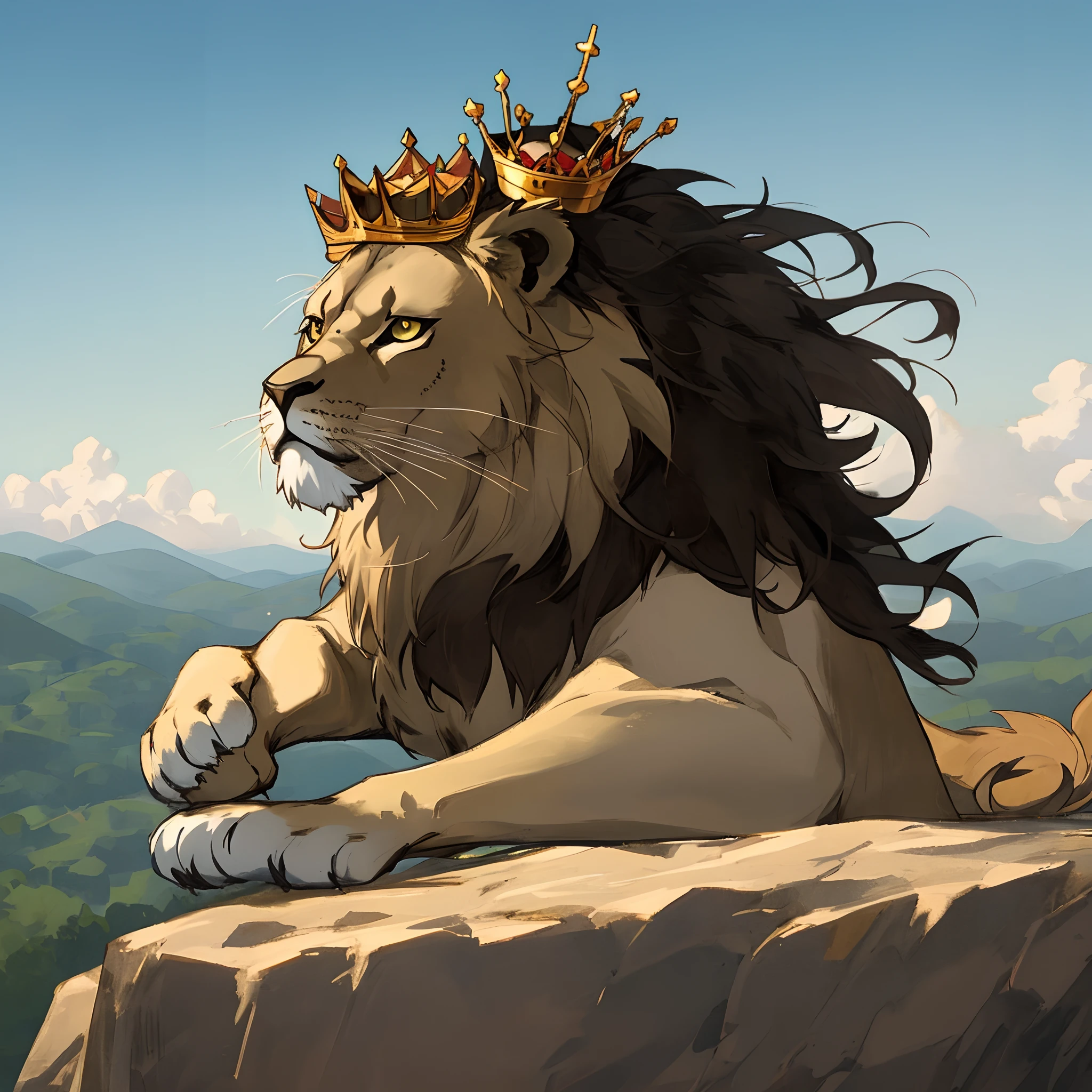 Lion with crown on top of the mountain looking at the horizon