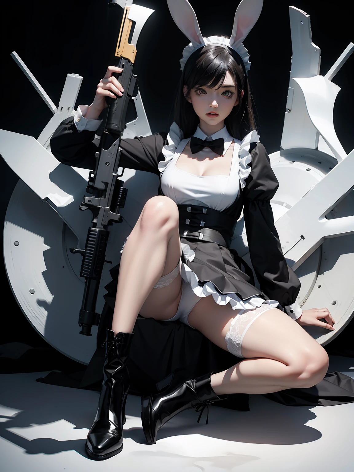 Bunny girl with gun, Manga style, maid outfit, black and white art, seinen style, Full body, Hunter eyes, masterpiece, best quality