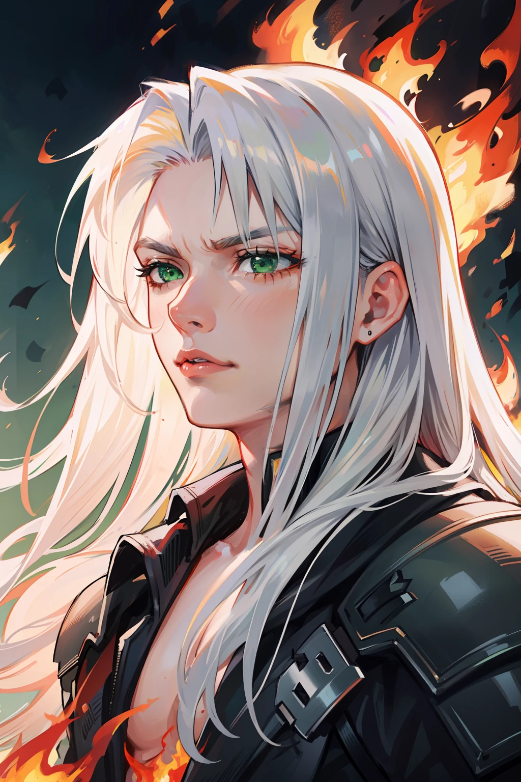 (masterpiece), best quality, detailed hair detailed face, ultra high res, sharp focus, ((****ung man, solo)), perfect handsome face, masculine look, close up, shoulder view, (look away), (in the burning place:1.3), surrounded in fire, Sephiroth from Final Fantasy, silver white hair, long hair, grumpy face, ((perfect shape eyes, green eyes))