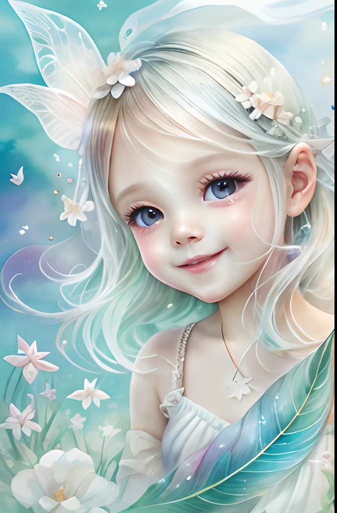 Beautiful fairy with a sense of transparency､Beautiful sparkling ocean、Transparent feathers､kindly smile､Summer background､Gentle and transparent fairy､Watercolor Paint､Baby