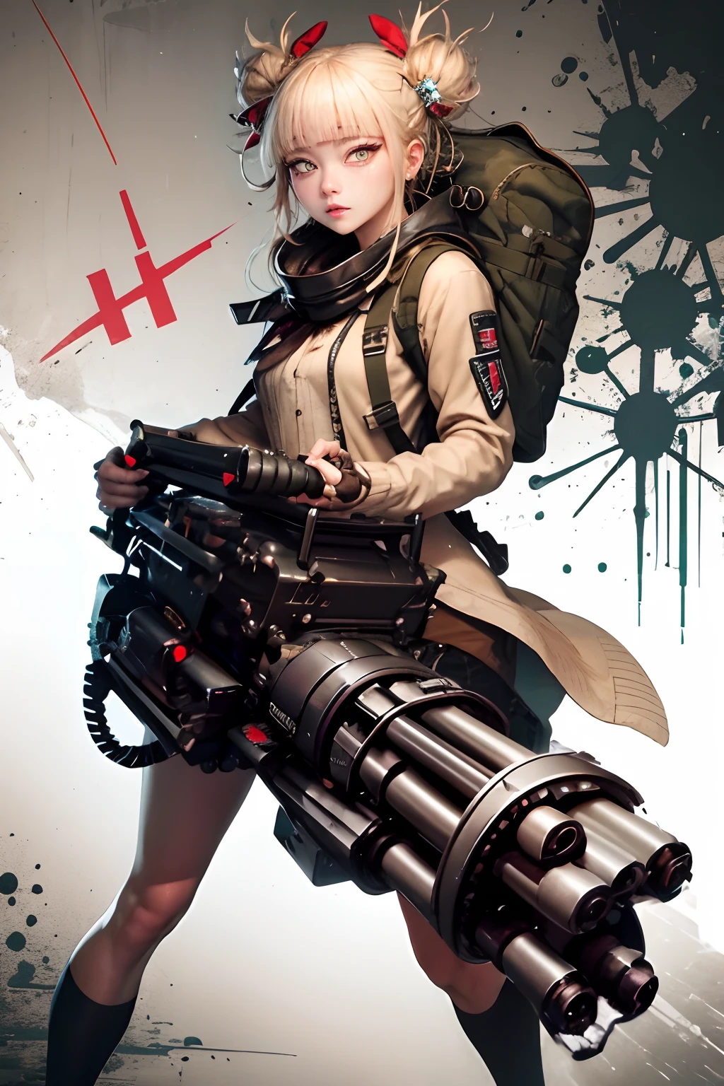 A woman with a gun and backpack standing in front of a wall - SeaArt AI