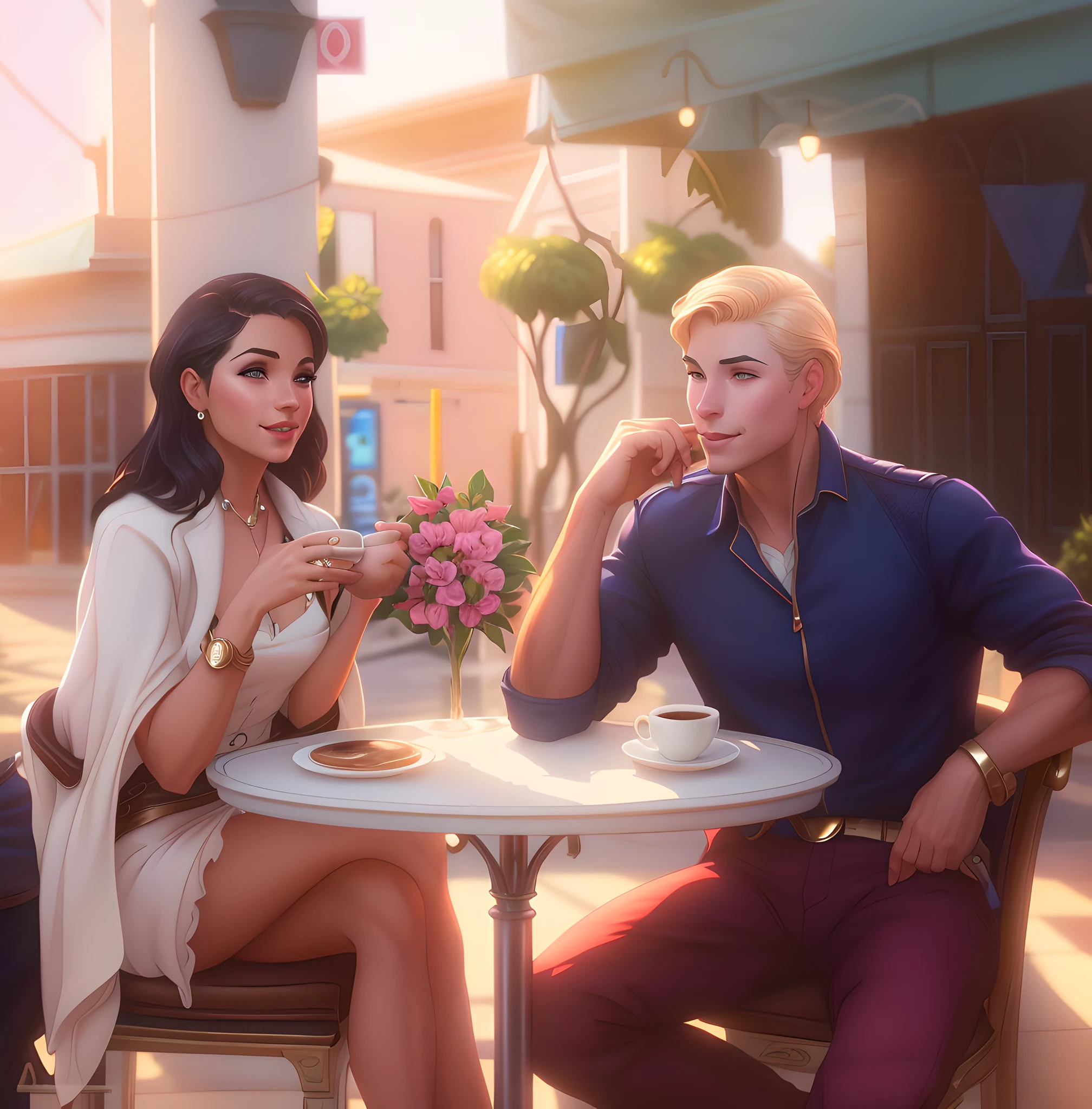 Two people sit at the table and drink coffee, sitting in a cafe, in a bright café, in a café on the sidewalk, Edmund Blair and Charlie Bower, charlie bowater and artgeem, in the art style of bowater, romance novel cover, inspired by Magali Villeneuve, Fan art, digital illustration art, by Rhea Carmi