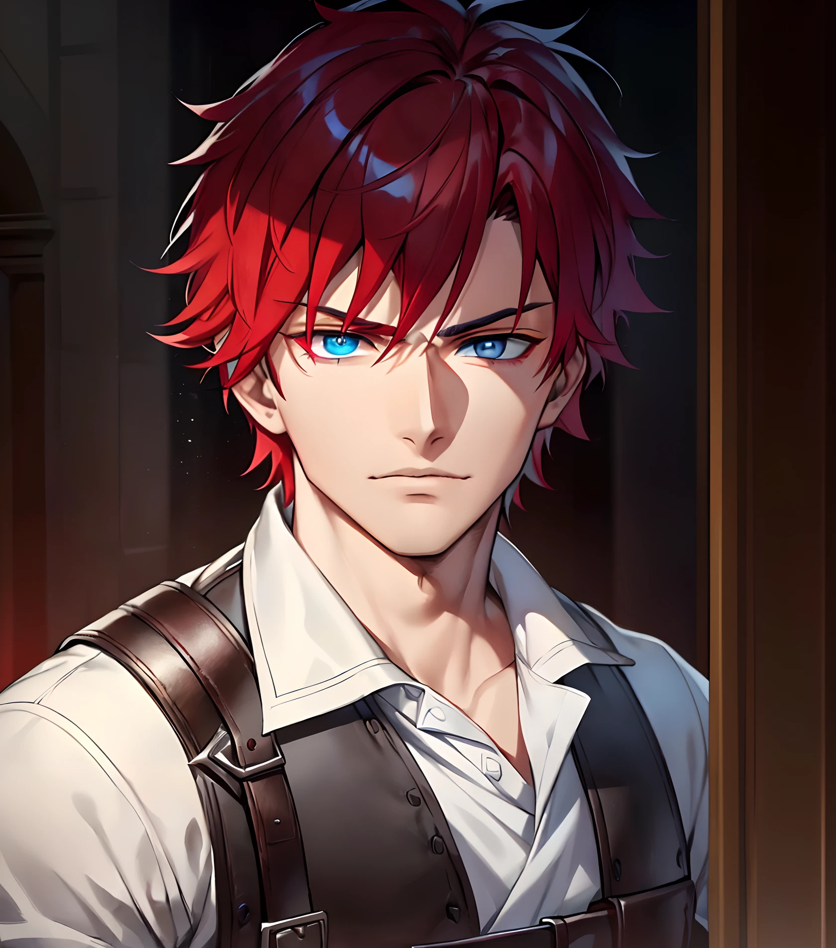 best quality, more details, masterpiece, 1boy, portrait, male focus, heterochromia, one red eye and one blue eye, different eyes, solo, bangs, looking at viewer, short hair, medieval kingdom \kingdom\),  leather armor, nail polish, very red hair, luxurious, 8k, detailed, ray tracing, depth of field, cinematic lighting, (_yeld: 1, very young, extremely handsome, absurdly handsome, ridiculously handsome, one red eye and one blue eye, demonic red eye and blue anjelic eye, cute, smirking happily, kind and heroic, heroic composition