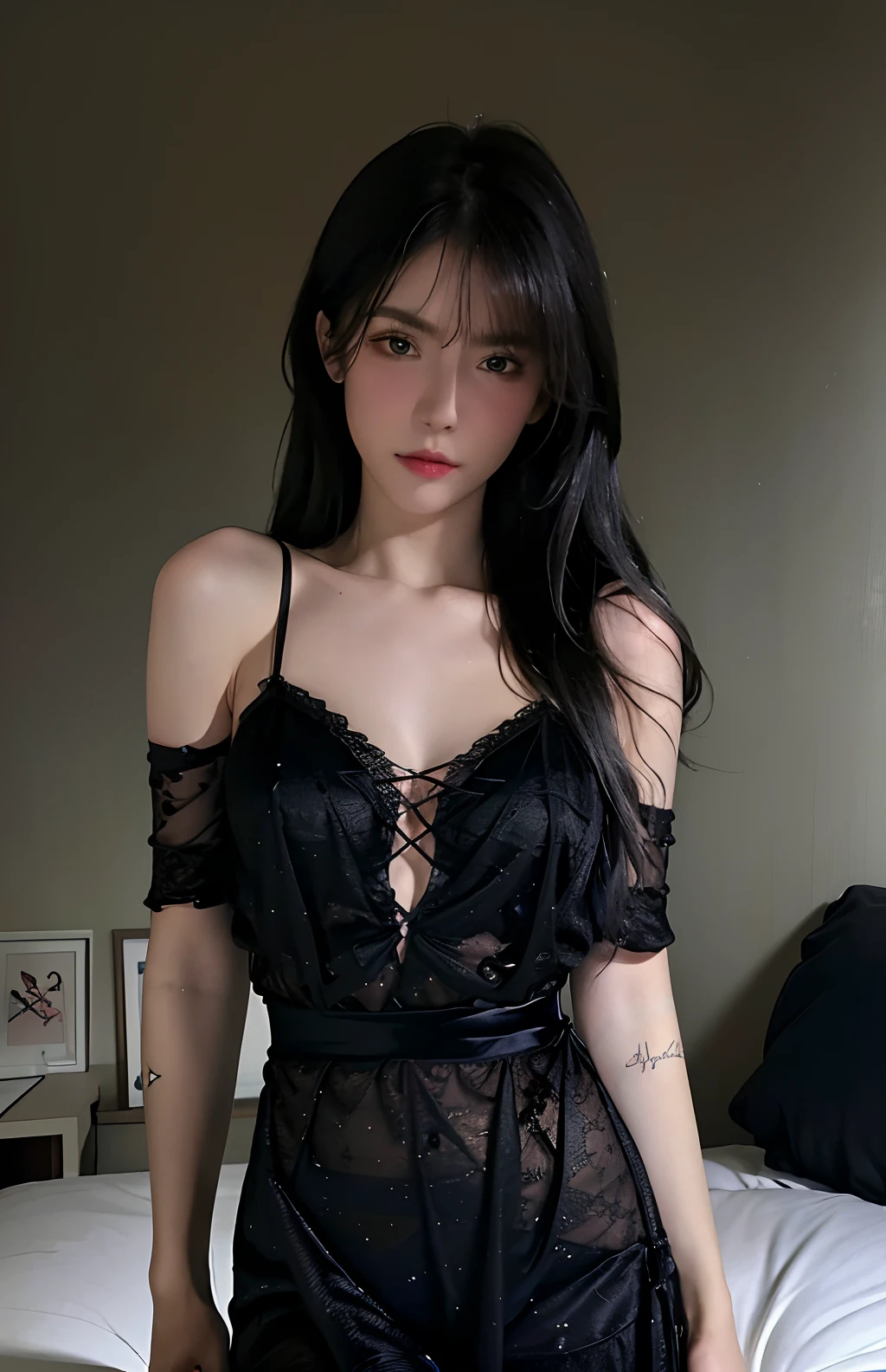 Best quality, masterpiece, ultra high res, (photorealistic:1.4), raw photo, 1girl, ((black lace nightgown)), ((small breast)), cold light