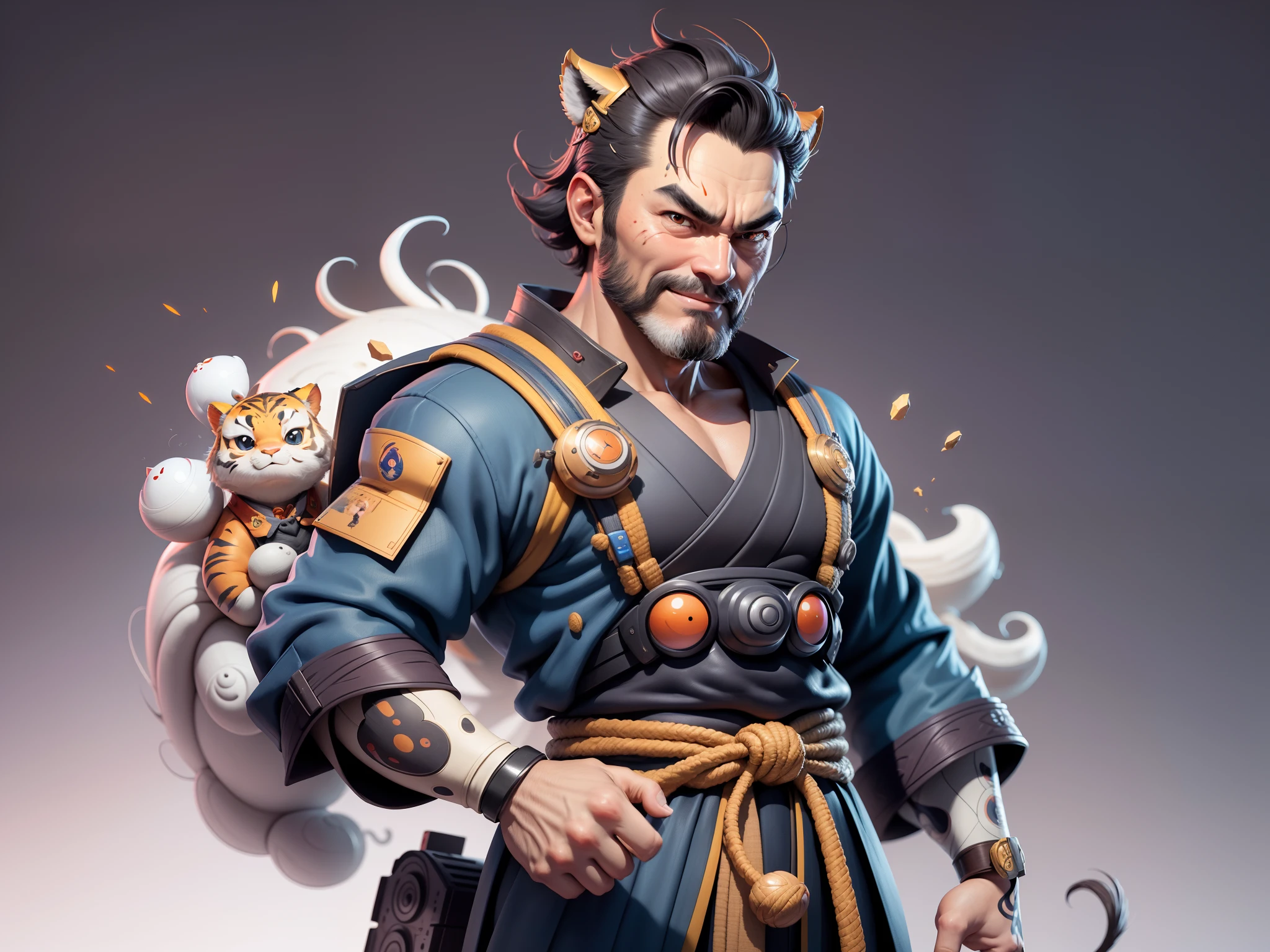 (Daisaku),(Need),(Super meticulous),(full bodyesbian:1.2),Super young man with Japanese geisha,Beautiful,orient,one tiger,Aeolian Thor,Raised sexy,爆乳,Oriental face,TV Anchor,Bust portrait illustration,In black suit,a blue tie,The face is slightly chubby,The face was clean,without a beard,Black super short hair,Black eyes,Smile confidently,3C computer sub-products,iPad, iphone,Digital painting,3D character design by Mark Clairen and Pixar and Hayao Miyazaki and Akira Toriyama,The illustration is a high-definition illustration in 4K resolution,With very detailed facial features and cartoon-style visuals。