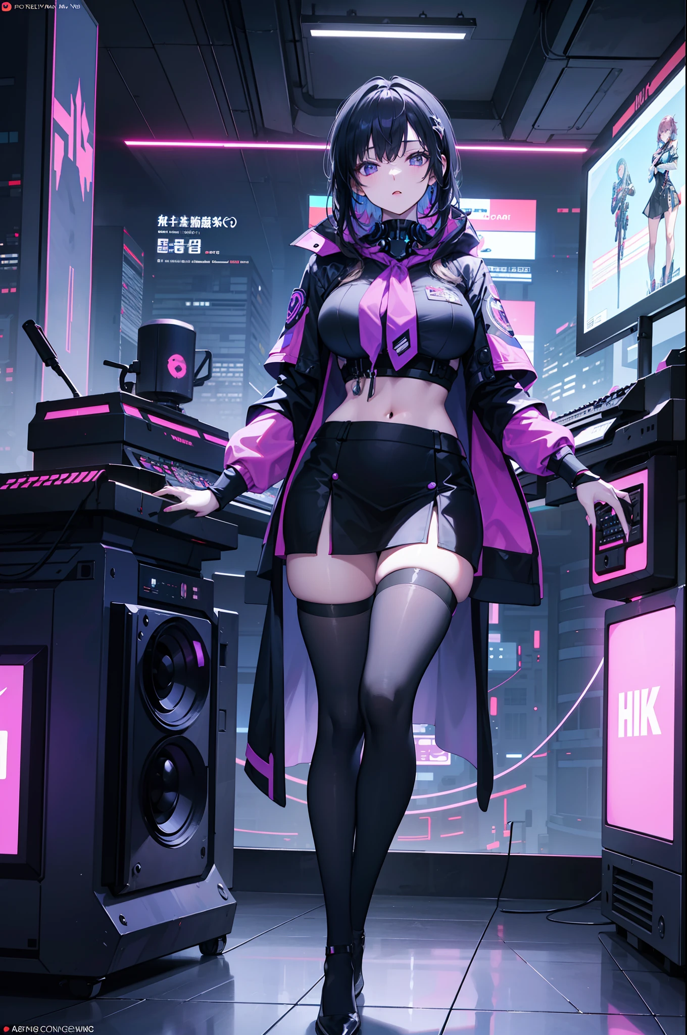 One was wearing a JK uniform，Wearing a bright purple cape，Young woman holding keyboard standing in front of oversized monitor, Large full breasts, (Perfect body), (Masterpiece), In a very sexy pose, (The ultra-detailliert), (ultra beautiful), (8K, highly detailed CGillustration，Cyberpunk night