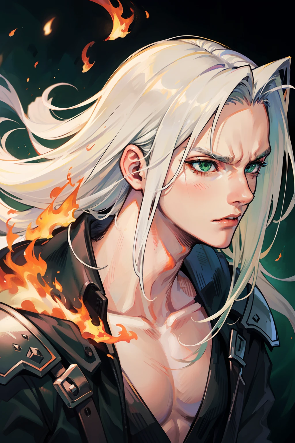 (masterpiece), best quality, detailed hair detailed face, ultra high res, sharp focus, ((1 man, solo)), perfect handsome face, masculine look, close up, shoulder view, (look away), (in the burning place:1.3), surrounded in fire, Sephiroth from Final Fantasy, silver white hair, long hair, grumpy face, muscular body, ((perfect shape eyes, green eyes))