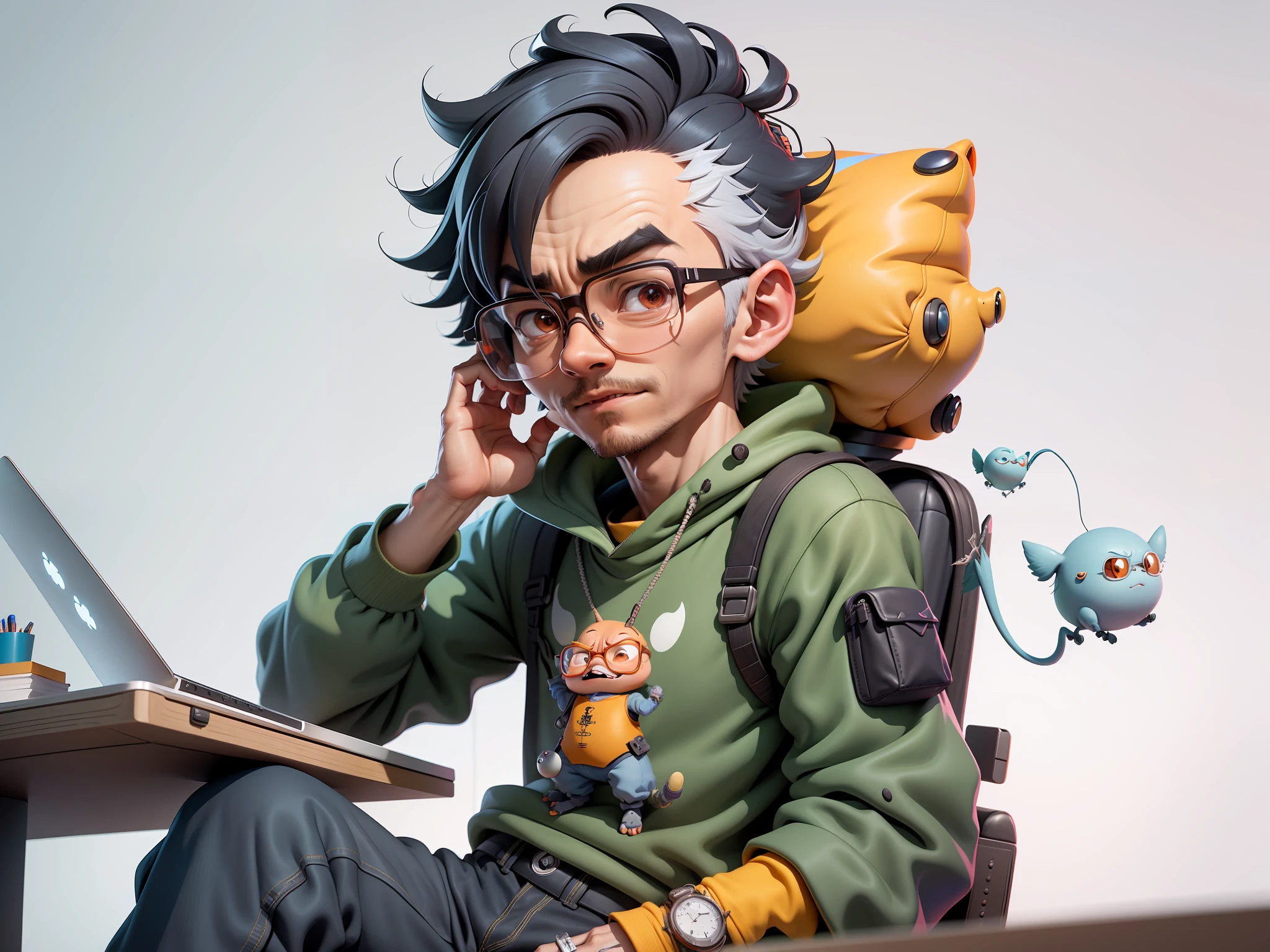 A young man with glasses sits at his desk，holding laptop，digitial painting，3D character design by Mark Clairen and Pixar and Hayao Miyazaki and Akira Toriyama，4K HD illustration，Very detailed facial features and cartoon-style visuals。