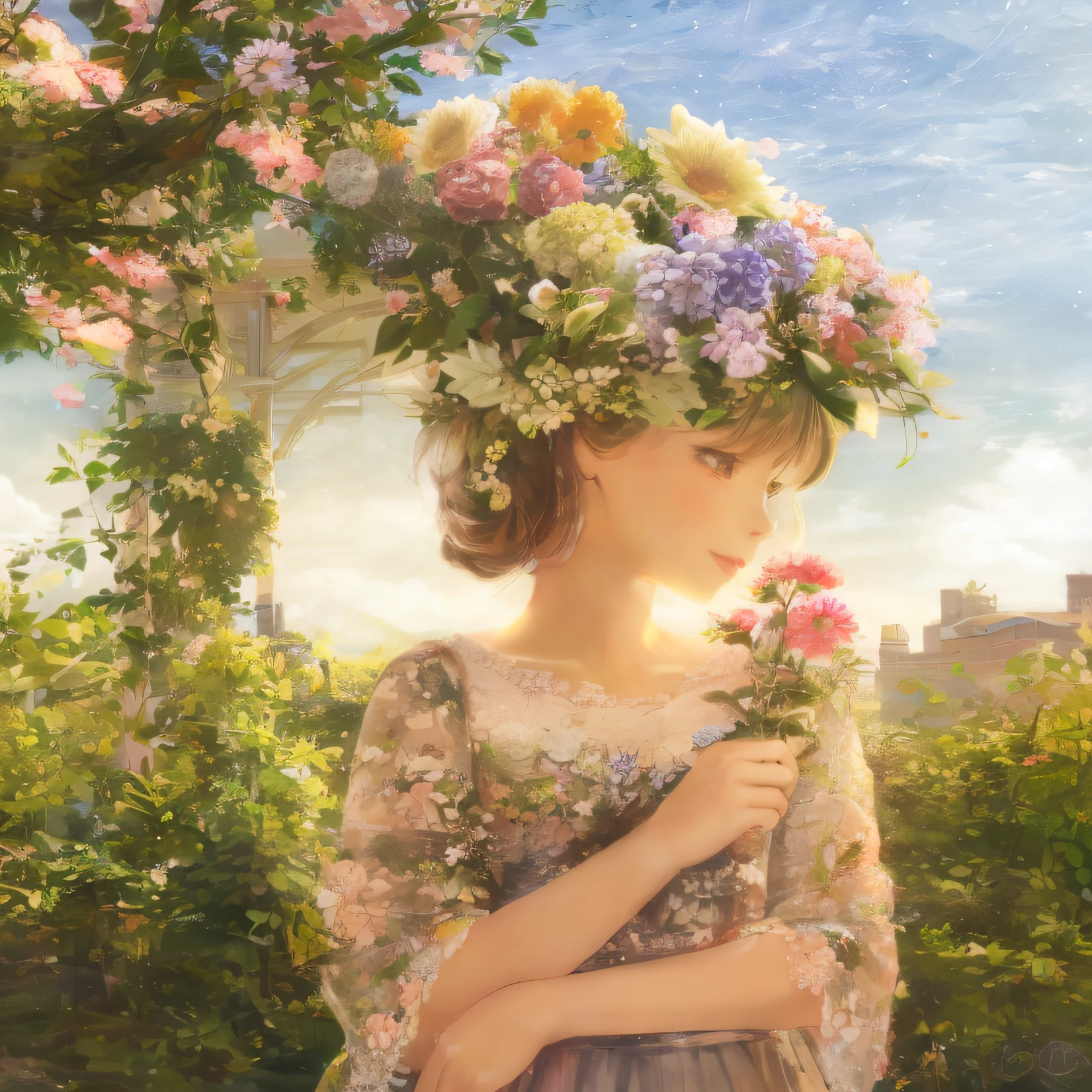 a girl that is holding a flower in her hand, holding a flower
