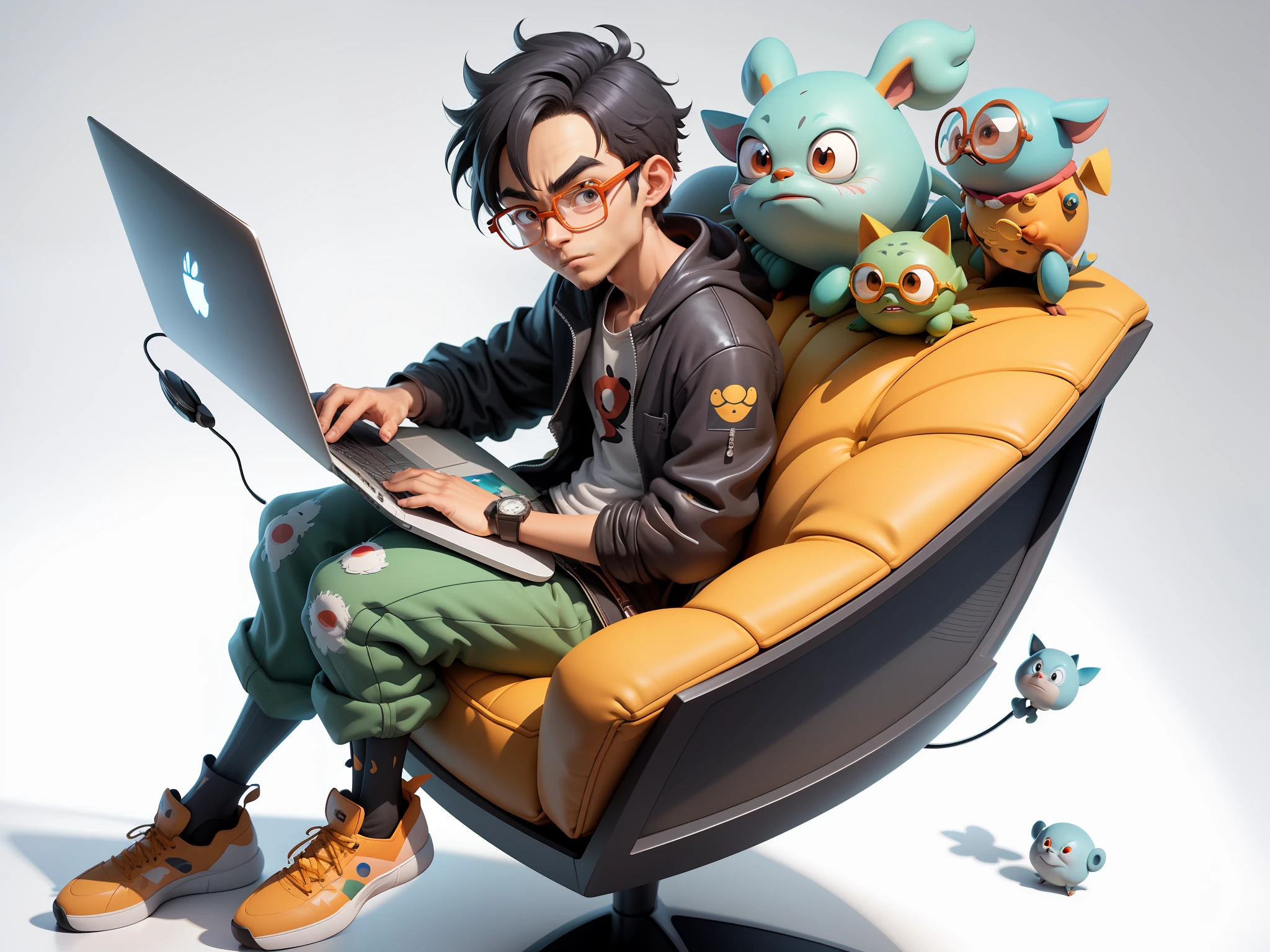 A young man with glasses sits at his desk,holding laptop,digitial painting,3D character design by Mark Clairen and Pixar and Hayao Miyazaki and Akira Toriyama,4K HD illustration,Very detailed facial features and cartoon-style visuals。