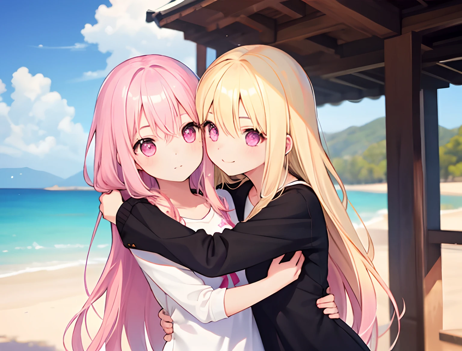 2girls,Girl1:,adolable,Blonde hair,long whitr hair,girl 2:A pink-haired,long whitr hair,hugs