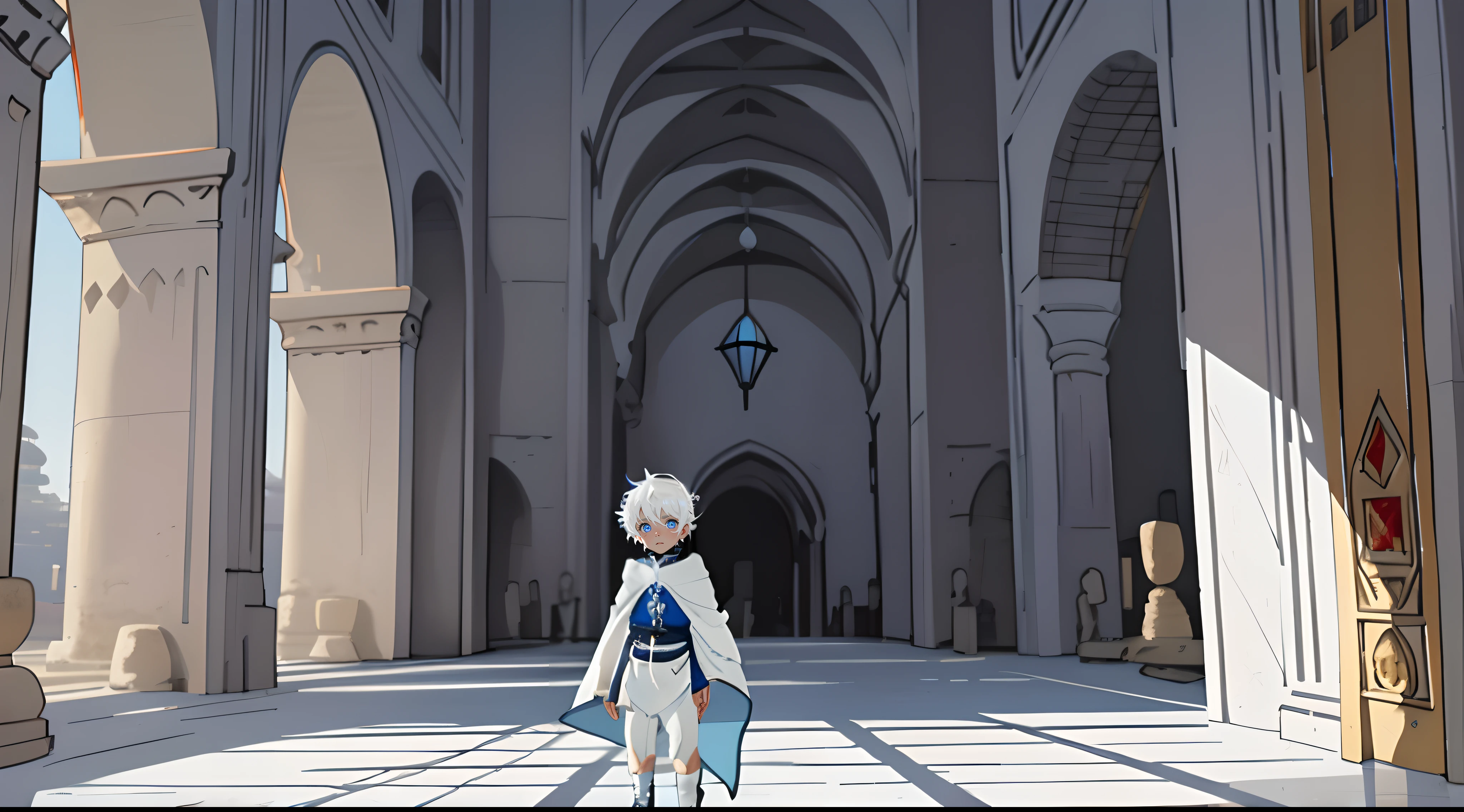 A baby boy with white hair and blue eyes playing inside the royal palace, In ancient times