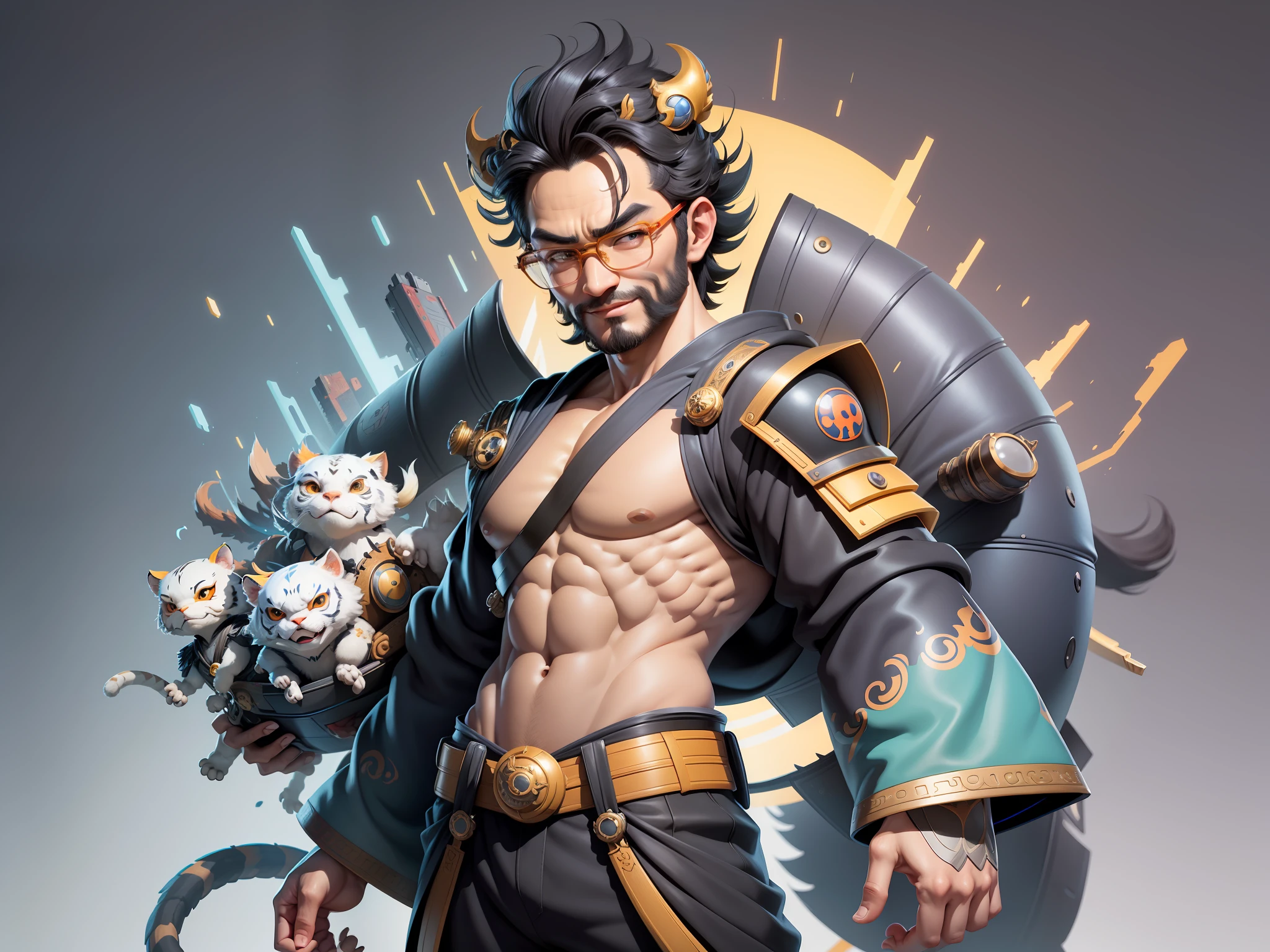 (Masterpiece), (Excellent), (Super Meticulous), (Full Body: 1.2), Super Young Man with Japanese Female Geisha, Pretty, Beautiful, Chinese Dragon, Tiger, Wind God Thor, Sexy, Bursting, Oriental Face, TV Anchor, Bust Portrait Illustration, Black Suit, Blue Tie, Slightly Chubby Face, Silver Glasses, Very Clean Face, No Beard on Chin, Black Super Short Hair, Black Eyes, Confident Smile, 3c Computer Sub-Products, iPad, iPhone, Digital Painting, 3D character design by Mark Clairedon and Pixar and Hayao Miyazaki and Akira Toriyama, the illustrations are HD illustrations in 4K resolution with highly detailed facial features and cartoon-style visuals.