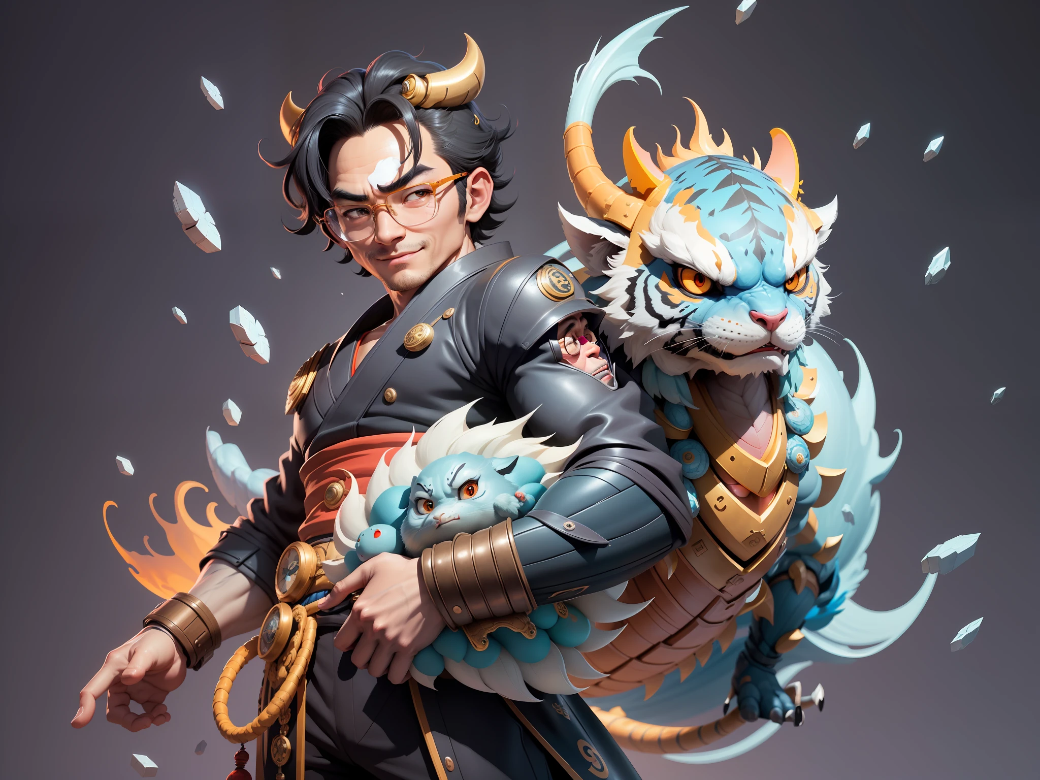 (Masterpiece), (Excellent), (Super Meticulous), (Full Body: 1.2), Super Young Man with Japanese Female Geisha, Pretty, Beautiful, Chinese Dragon, Tiger, Wind God Thor, Sexy, Bursting, Oriental Face, TV Anchor, Bust Portrait Illustration, Black Suit, Blue Tie, Slightly Chubby Face, Silver Glasses, Very Clean Face, No Beard on Chin, Black Super Short Hair, Black Eyes, Confident Smile, 3c Computer Sub-Products, iPad, iPhone, Digital Painting, 3D character design by Mark Clairedon and Pixar and Hayao Miyazaki and Akira Toriyama, the illustrations are HD illustrations in 4K resolution with highly detailed facial features and cartoon-style visuals.