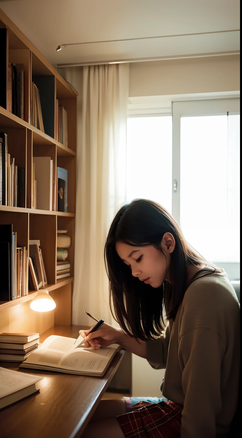 A girl reads in her bedroom,There are a lot of books on the shelves,kawa,pens,Study desk,The picture is warm,lamplight,adolable,