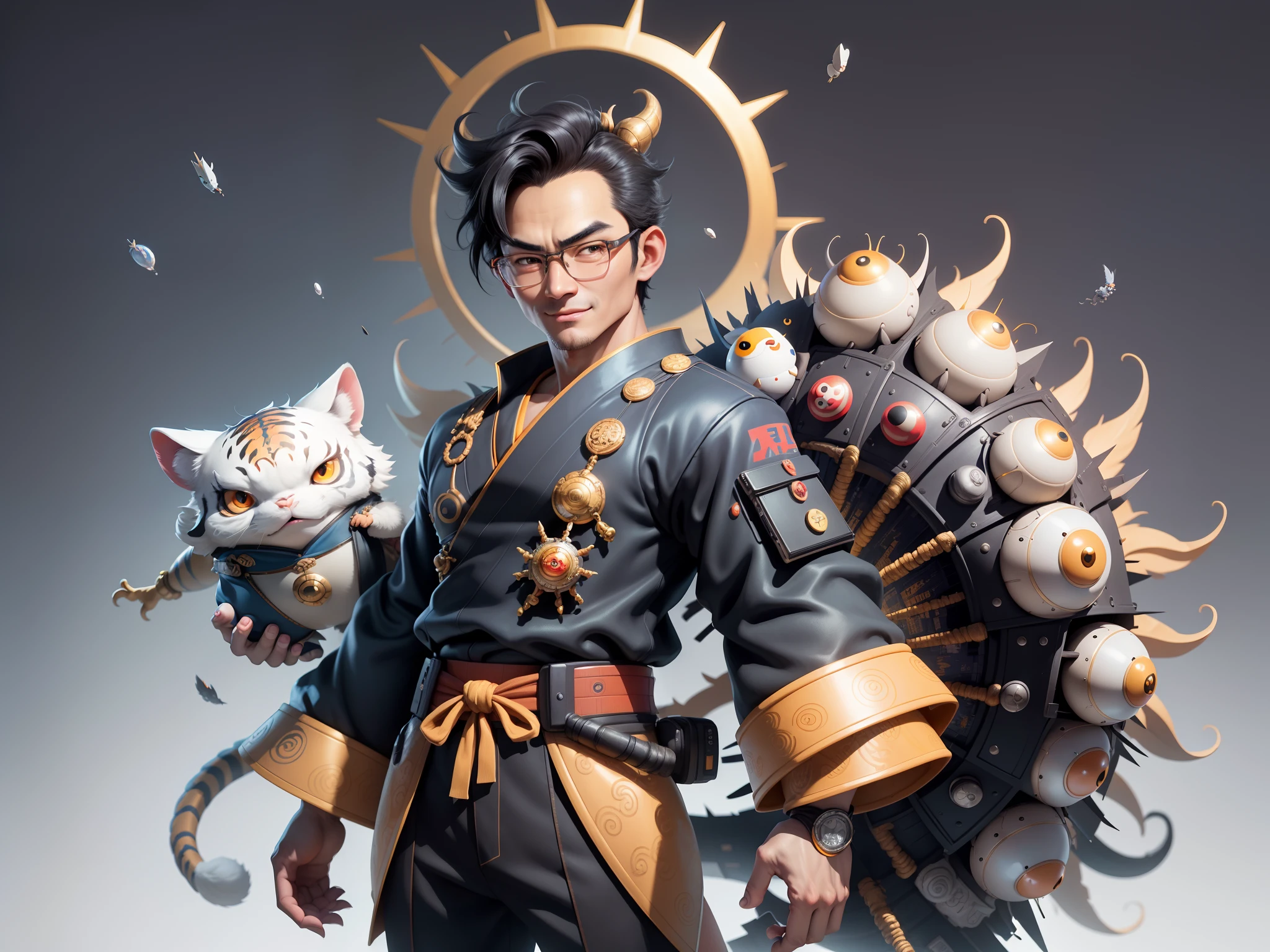 (Masterpiece), (Excellent), (Super Meticulous), (Full Body: 1.2), Super Young Man with Japanese Female Geisha, Pretty, Beautiful, Chinese Dragon, Tiger, Wind God Thor, Sexy, Bursting, Oriental Face, TV Anchor, Bust Portrait Illustration, Black Suit, Blue Tie, Slightly Chubby Face, Silver Glasses, Very Clean Face, No Beard on Chin, Black Super Short Hair, Black Eyes, Confident Smile, 3c Computer Sub-Products, iPad, iPhone, Digital Painting, 3D character design by Mark Clairedon and Pixar and Hayao Miyazaki and Akira Toriyama, the illustrations are HD illustrations in 4K resolution with highly detailed facial features and cartoon-style visuals.