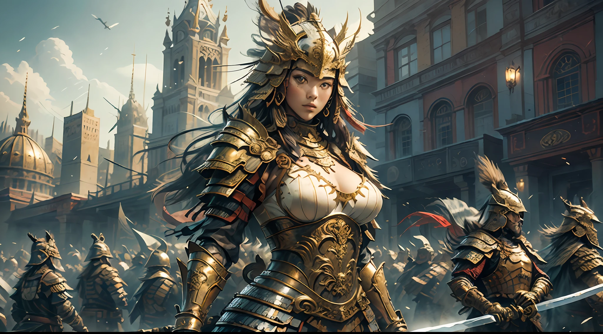 A young woman in armor and carrying a sword stands in front of the audience, large full breasts, (Perfect Body), (Masterpiece), In a very sexy pose, (The ultra-detailliert), (Hyper beautiful), (8K, Highly detailed CG illustrations),You can see an army of monsters on the other side.