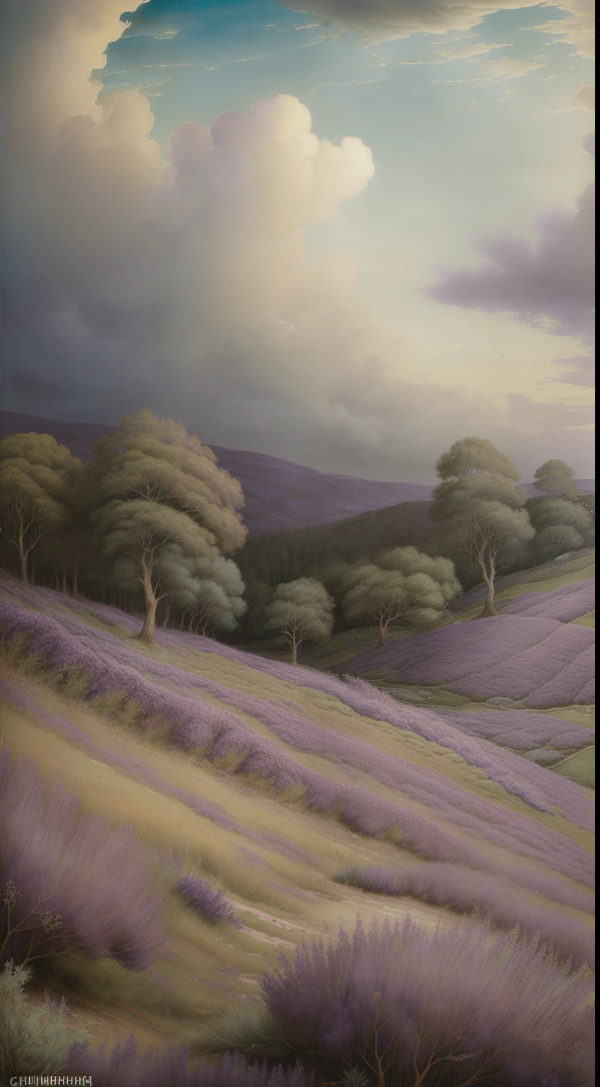 (((Pre-Raphaelite painting of a thicket of purple heather, nuvens, clouded skies, chuva, charneca, paisagem celta)))