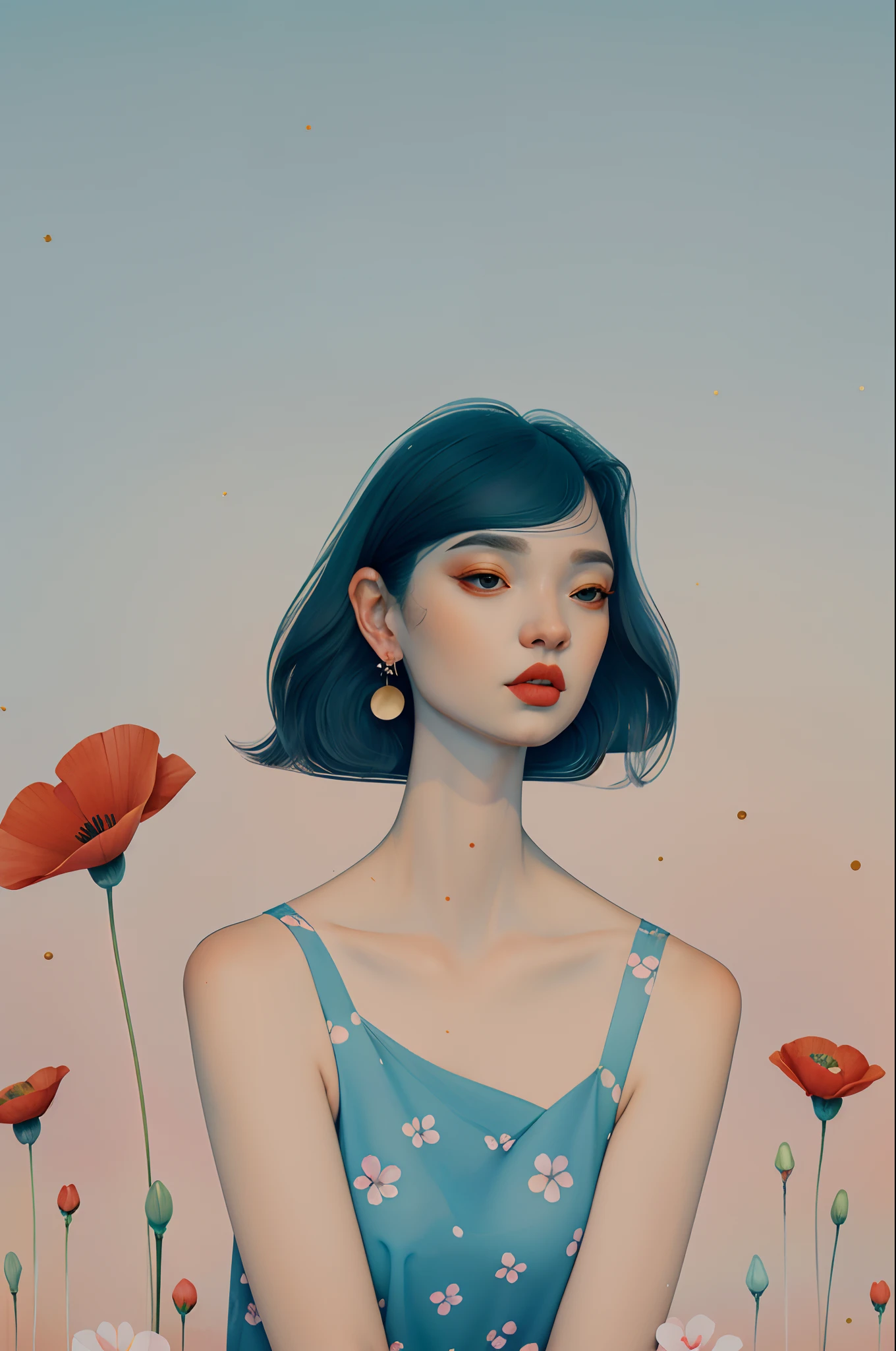 2D, NSFW, pastel color, watercolor paiting,
linear art,
ankymoore, 1girl in, Solo, Inner bob cut hair, Simple background, Black hair, Dress, Simple gold ring earrings with the same design on both ears, Upper body, flower, earrings, dull black eyes, Pale light blue dress, makeup, with floral pattern, lip stick,poppy, Red lips, print dress, Pale light blue background,