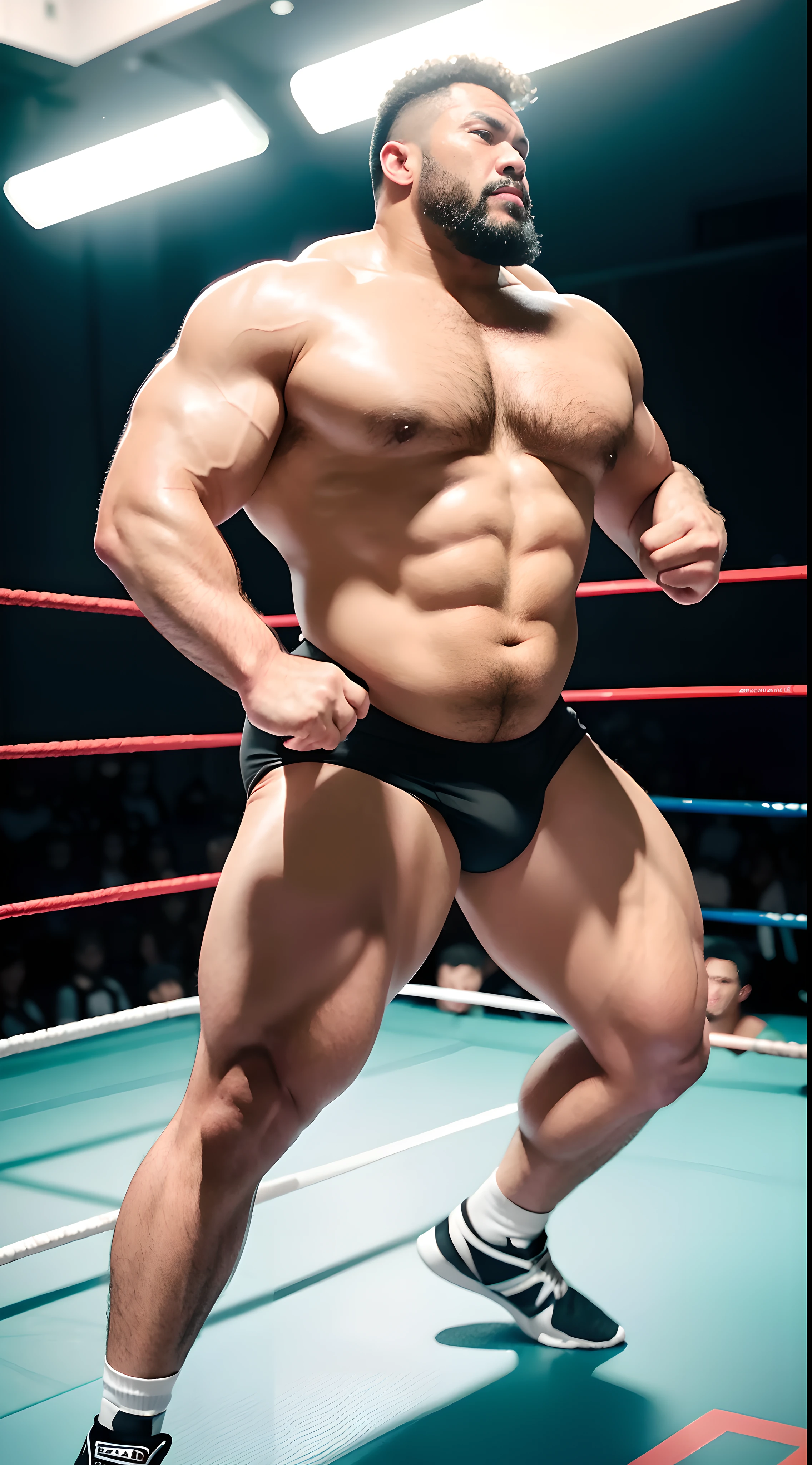 Black hair, wrestler, musculous, Stout wrestler, Explosive muscles, male people, 50yearsold, professional wrestling, Professional wrestler, jpn, Bracers, Knee protectors, Bare legged, The barefoot, full bodyesbian, Panorama Figures, Japanese wrestler, Photo texture, Real Human, A picture, Black hair, Short hair, buzz cut, Hollow eyes, nosebleed, Facial hair, Unconscious, surrealism, angle of view, Eye level shots, Cinematic lighting, Verism, Realism, Verism, 8K, Super detail, hyper HD, hyper HD, hyper HD, Masterpiece, hyper HD, Anatomically correct, ccurate, Textured skin, Super detail, High quality, Best quality, A high resolution, High details,Asian people,