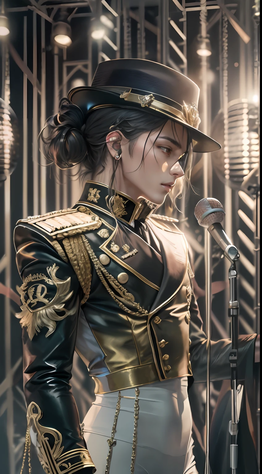 Handsome guy concert,tmasterpiece,8K,high definition resolution,cinmatic lighting,theater,lamplight,perform,cool guy,((microphones:1.5)),Concert,performance,Fashionable clothes,singers,idoly,hyperdetailed face, ((Ultra-detailed)),((Delicate face)),(high light,Gradient hair), com rosto detalhado, Detailed eyes, 二重まぶた,((Ultra-detailed)),((Delicate face)), Beautiful detailed eyes,GSHea,Look at the viewer, ((Distant view)), Strong light and shadow, Cinema lenses,tmasterpiece,Super quality,theater stage,Handsome guy in leggings sings through microphone on stage, Wear stage costumes, singing on stage,Stylish lenses,Handsome guy in gold, Handsome guy with shoulder pads, wearing black uniform, he is a rockstar, regal pose, Gold accents, Michael Jackson's style, gilded black uniform
