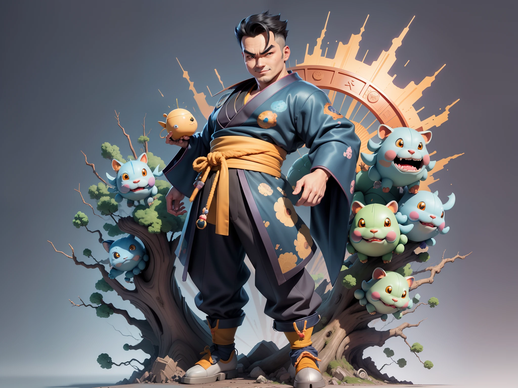 (Masterpiece), (Excellent), (Super Meticulous), (Full Body: 1.2), Super Young Man, Oriental Face, Japanese Kimono, Japanese Wind Thunder God, Dragon, Tiger, TV Anchor, Bust Portrait Illustration, Alone, Black Suit, Blue Tie, Slightly Chubby Face, Very Clean Face, No Beard, Black Super Short Hair, Black Eyes, Confident Smile, 3c Computer Sub-Products, iPad, iPhone, Digital Painting, 3D Character Design by Akira Toriyama and Mark Claireden and Pixar and Hayao Miyazaki, The illustration is a high-definition illustration in 4K resolution with very detailed facial features and cartoon-style visuals.