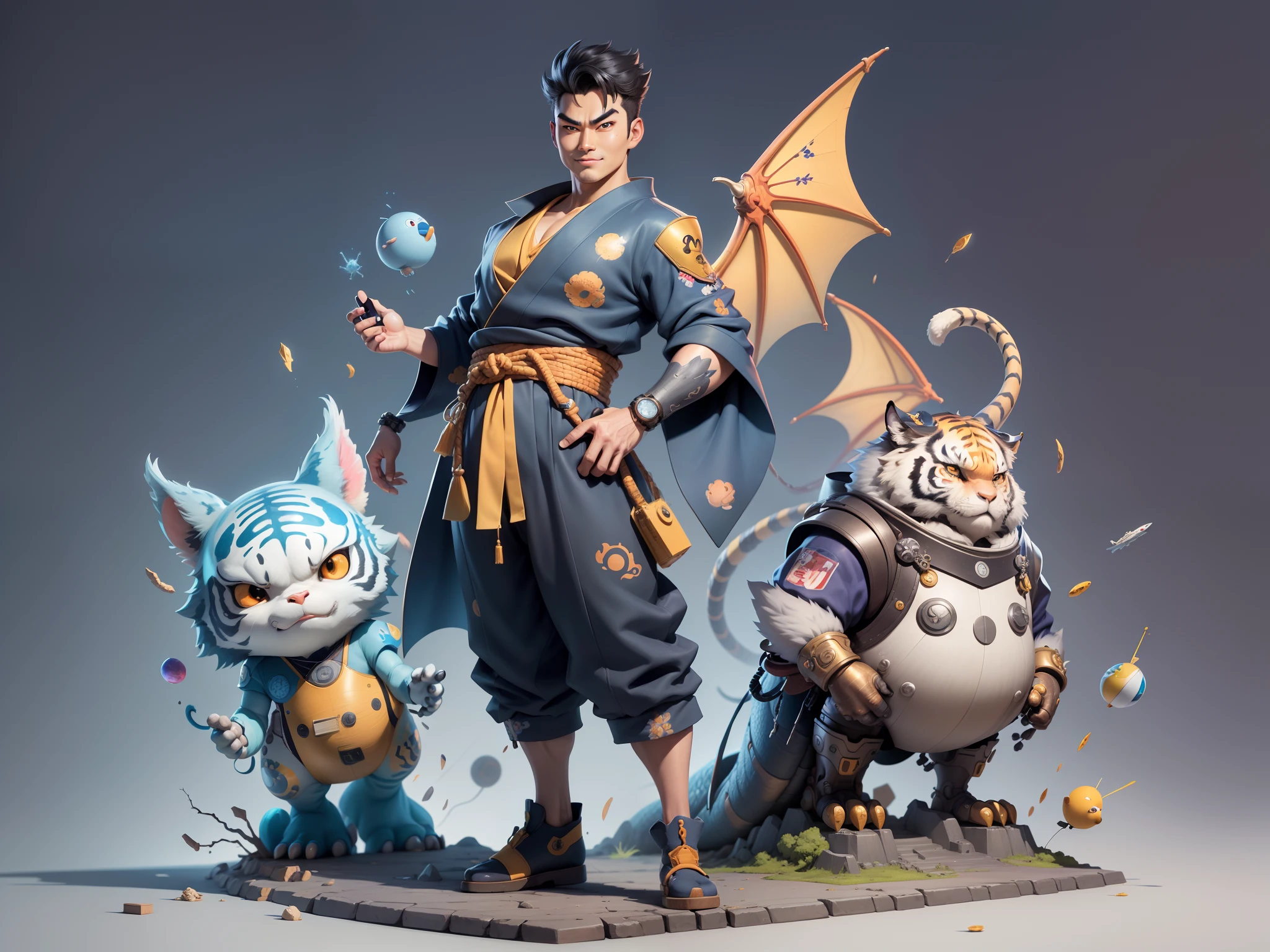 (Masterpiece), (Excellent), (Super Meticulous), (Full Body: 1.2), Super Young Man, Oriental Face, Japanese Kimono, Japanese Wind Thunder God, Dragon, Tiger, TV Anchor, Bust Portrait Illustration, Alone, Black Suit, Blue Tie, Slightly Chubby Face, Very Clean Face, No Beard, Black Super Short Hair, Black Eyes, Confident Smile, 3c Computer Sub-Products, iPad, iPhone, Digital Painting, 3D Character Design by Akira Toriyama and Mark Claireden and Pixar and Hayao Miyazaki, The illustration is a high-definition illustration in 4K resolution with very detailed facial features and cartoon-style visuals.