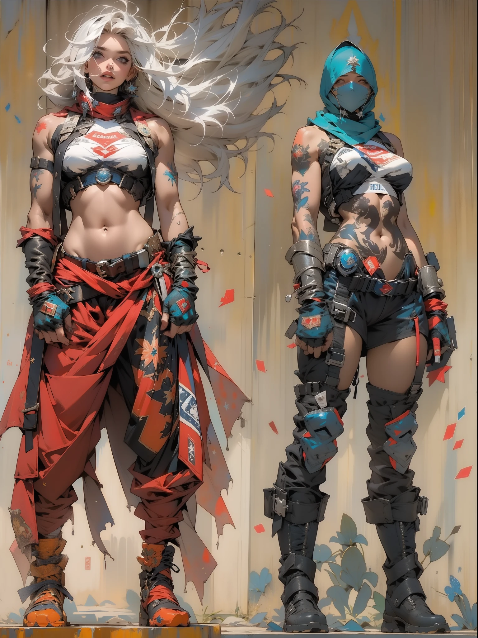 (((mulher))), (((melhor qualidade))), (((obra prima))), (((adulta))), Uma guerreira mulher de 35 anos com corpo perfeito, Brooklyn Gladiators, (( under boobs )), quase nua no estilo selvagem urbano de Simon Bisley para a capa da revista Heavy Metal, cabelo loiro, Minimum clothing, armadura (azul escuro com estrelas brancas e vermelho com listras brancas), cheio de pontas e rebites manchadas de tinta, tatuagem de estrelas de 5 pontas, (((corpo inteiro))), cabelo preto curto com franja branca cobrindo a testa