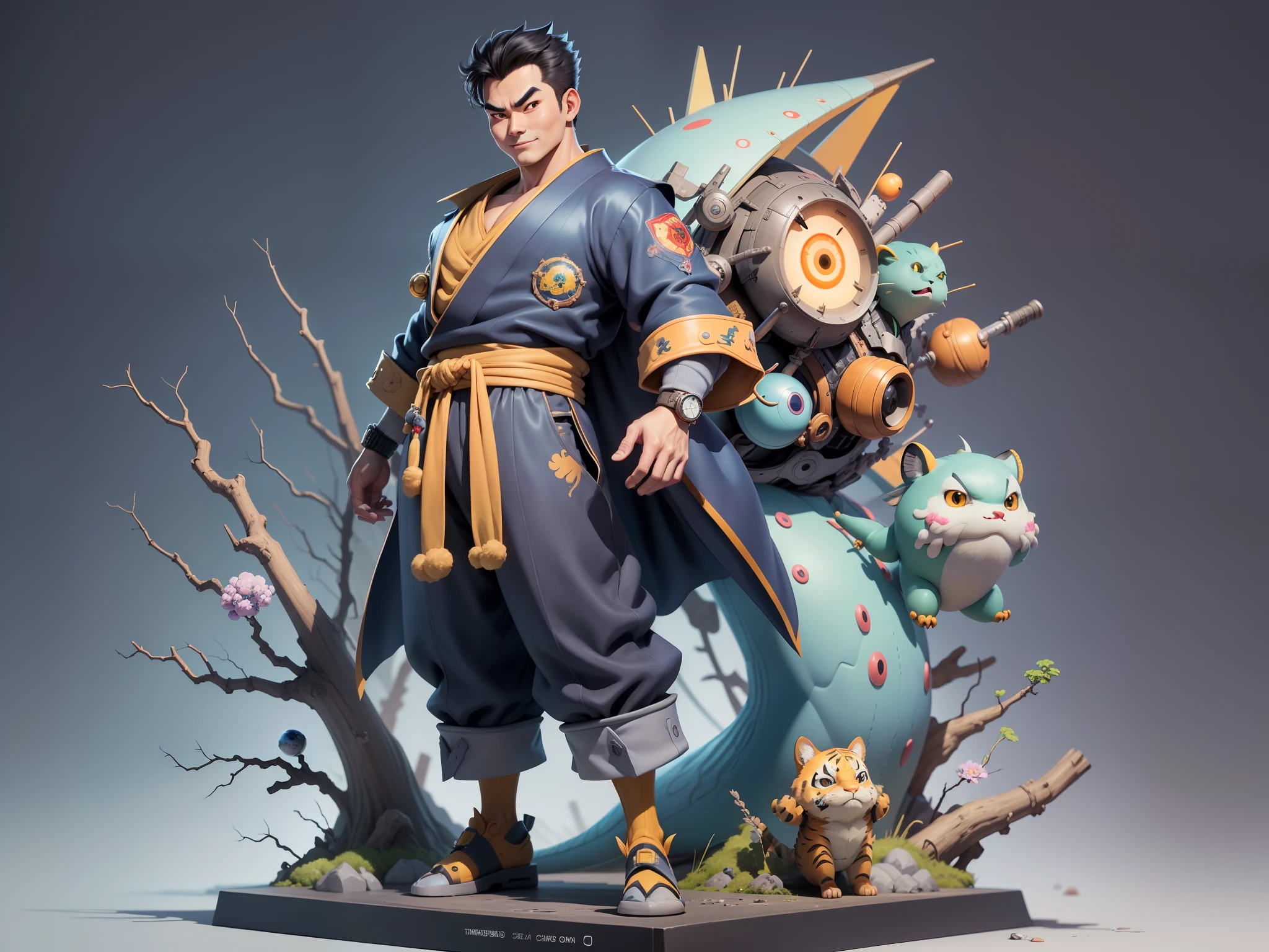 (Masterpiece), (Excellent), (Super Meticulous), (Full Body: 1.2), Super Young Man, Oriental Face, Japanese Kimono, Japanese Wind Thunder God, Dragon, Tiger, TV Anchor, Bust Portrait Illustration, Alone, Black Suit, Blue Tie, Slightly Chubby Face, Very Clean Face, No Beard, Black Super Short Hair, Black Eyes, Confident Smile, 3c Computer Sub-Products, iPad, iPhone, Digital Painting, 3D Character Design by Akira Toriyama and Mark Claireden and Pixar and Hayao Miyazaki, The illustration is a high-definition illustration in 4K resolution with very detailed facial features and cartoon-style visuals.