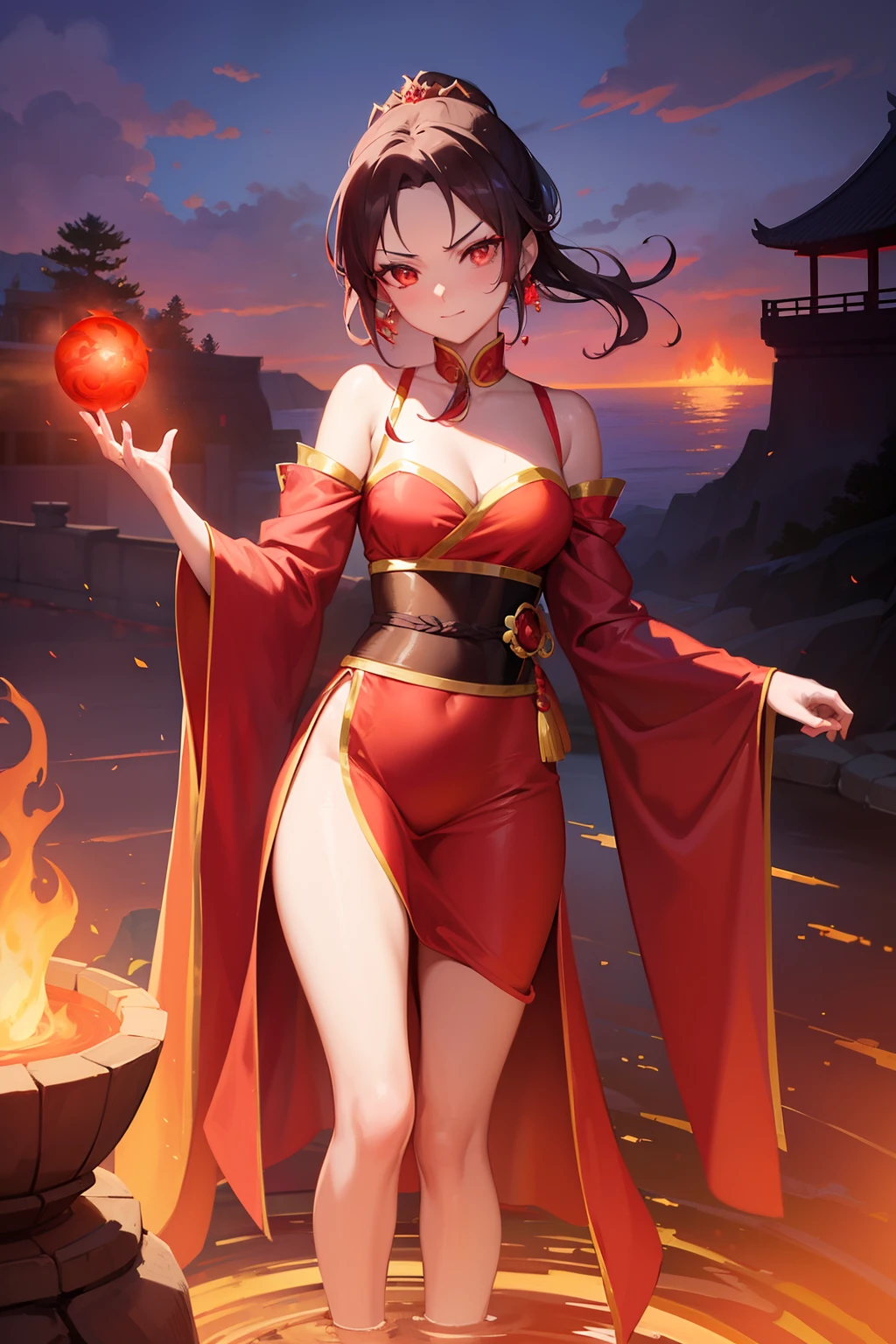 princess azula, evening, sunset, looking at viewer, cleavage, red satin robes, clothed bathing, girl floating above the water, palace, temple, fire, lava, red glowing, smug face