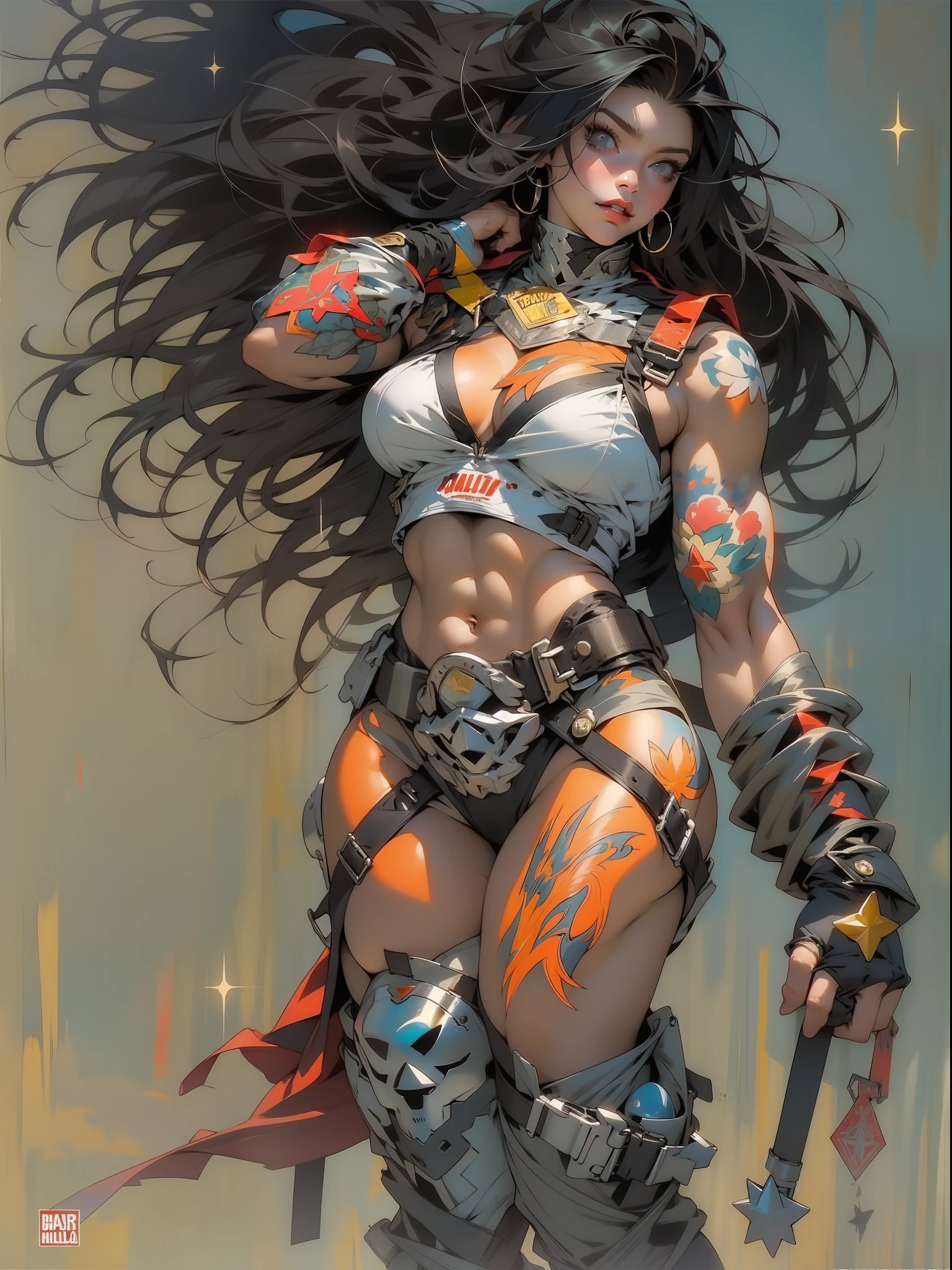 High quality, Ultra detailed, best quality, insanely detailed, beautiful, masterpiece
(Raise your hands:1.5)、Muscle Pose、Black wavy hair、Dark Elf、Sunburned skin、(Amazoness、Bodybuilder、Huge muscles、Large)、((Huge breasts:1.5)、(small string bikini:1.3)、(Underboob、Sideboob、Cleavage、Camel toe)、(Abdominal muscles、Pectoralis major、Muscular々、strong、Thick arms、Massive)、(Wide Hips、Thick thighs、Are fat、glamorous))、((Giant gauntlet:1.5)、(Knee-high boots:1.5))、NSFW、(Black collar、Black handcuffs)、(((Big shiny tattoo on crotch、Big shiny tattoo on belly、Big tattoo on shoulder、Glowing tattoos all over the body)))、Fighting Pose