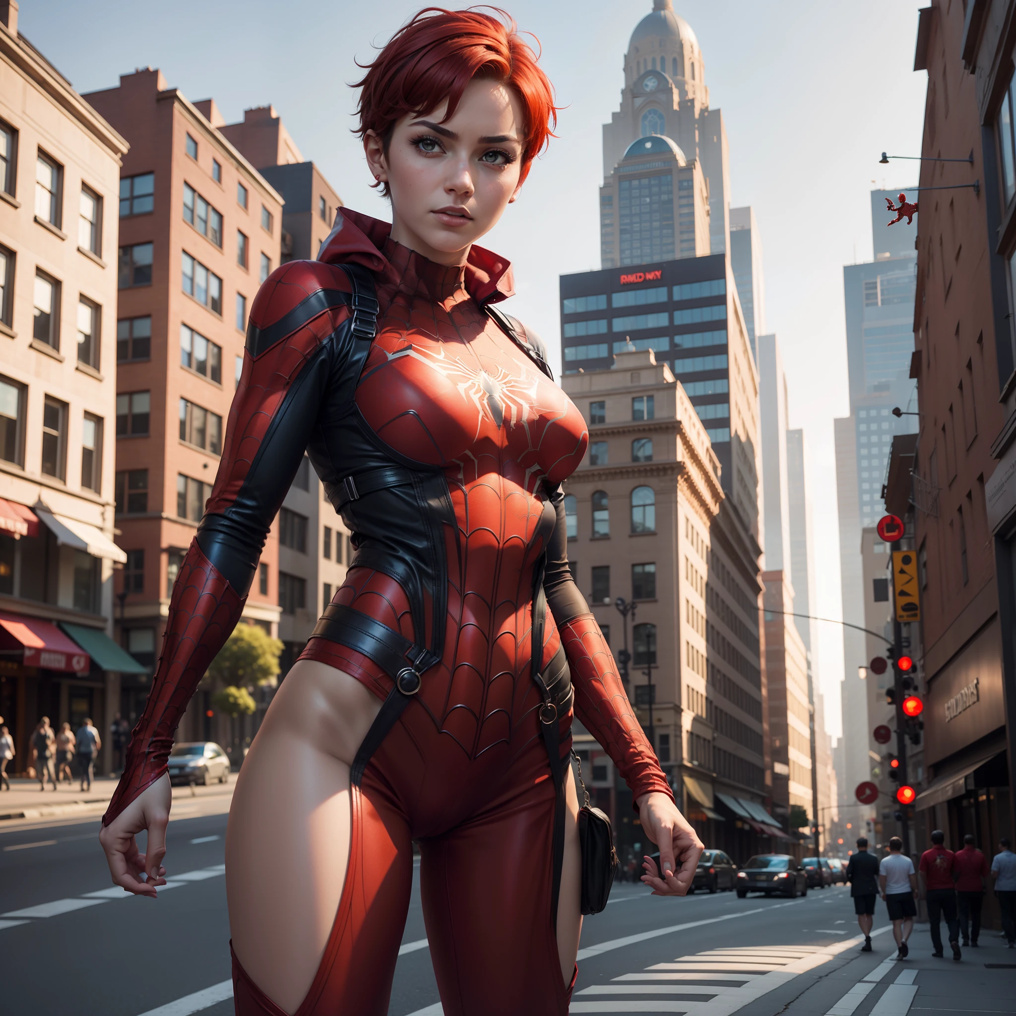 A beautiful woman in red short hair and Hazel eyes wearing a spiderman cosplay costume, slim, city street in background.