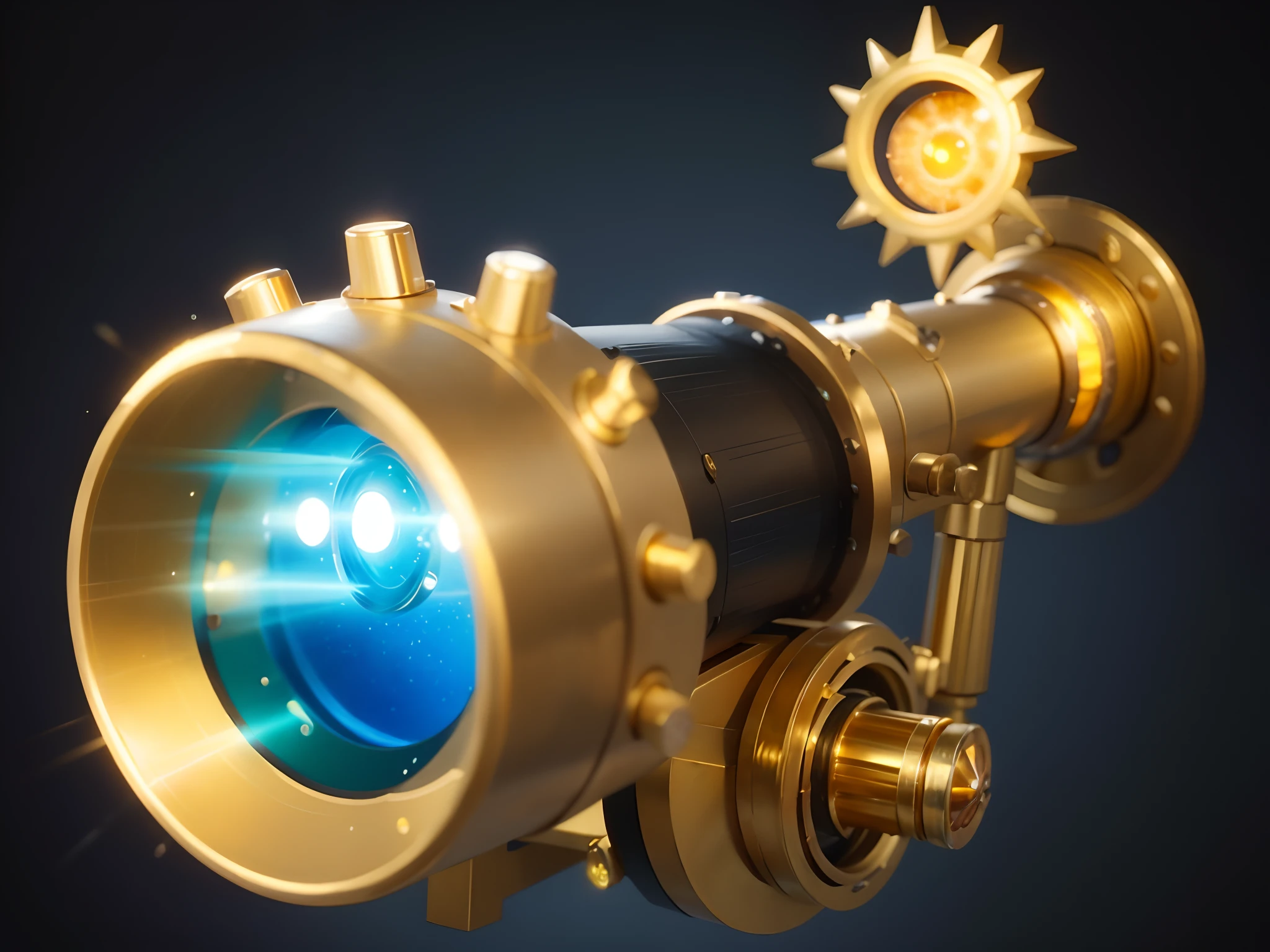 Close-up of a golden telescope with blue light, Gatling gun, Laser cannon, Machine guns, Glowing mechanical eye, torchan, glowing mechanical eye camera, hearthstone weapon art, arte renderizada, league of legends inventory item, laser turret, smooth light shading, smooth shading