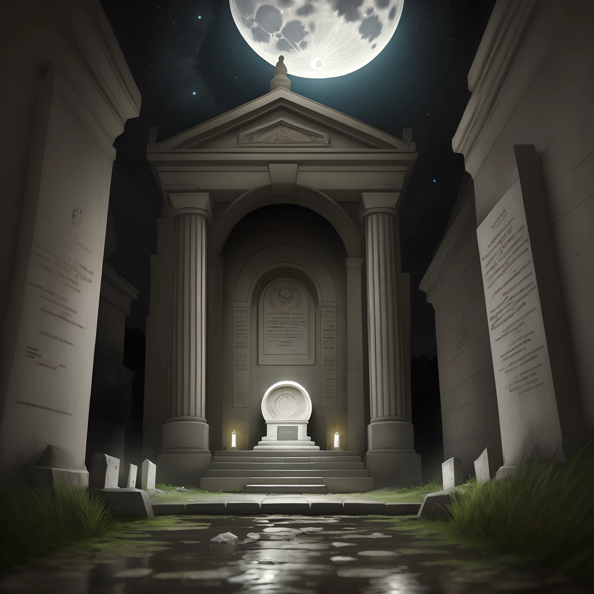 The tomb reflects the moonlight in the dark night