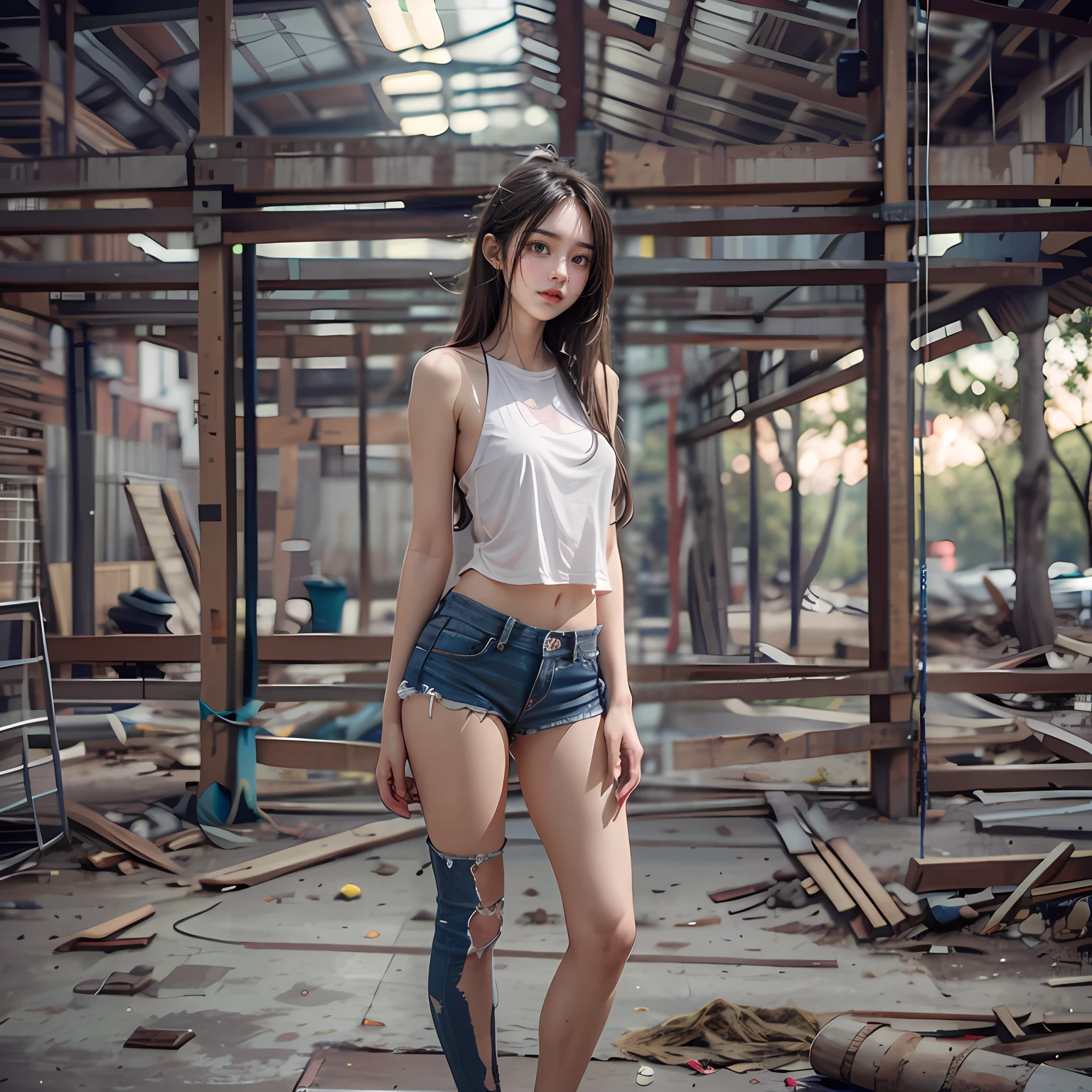 Abandoned construction sites，Sexy standing pose，Full body portrait 1.1，18 years old girls，lean and slender body，Skinny，As thin as a whipping post，The barefoot，(Random nudity all over the body)，(Random exposure of genitals)，facing to audience