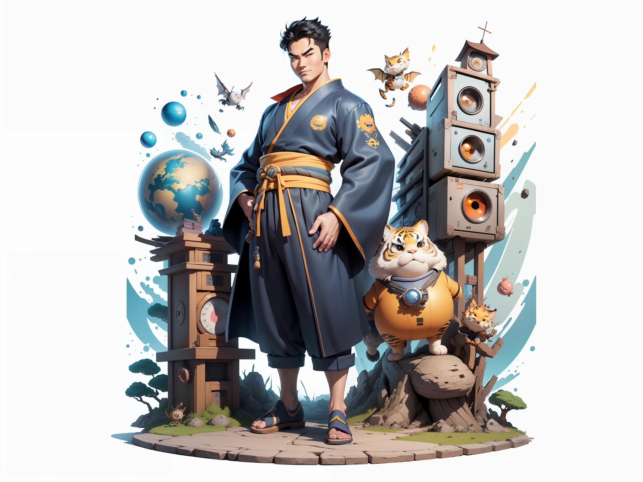 (Masterpiece), (Excellent), (Super Meticulous), (Full Body: 1.2), Super Young Man, Oriental Face, Japanese Kimono, Japanese Wind Thunder God, Dragon, Tiger, TV Anchor, Bust Portrait Illustration, Alone, Black Suit, Blue Tie, Slightly Chubby Face, Very Clean Face, No Beard, Black Super Short Hair, Black Eyes, Confident Smile, 3c Computer Sub-Products, iPad, iPhone, Digital Painting, 3D Character Design by Akira Toriyama and Mark Claireden and Pixar and Hayao Miyazaki, The illustration is a high-definition illustration in 4K resolution with very detailed facial features and cartoon-style visuals.