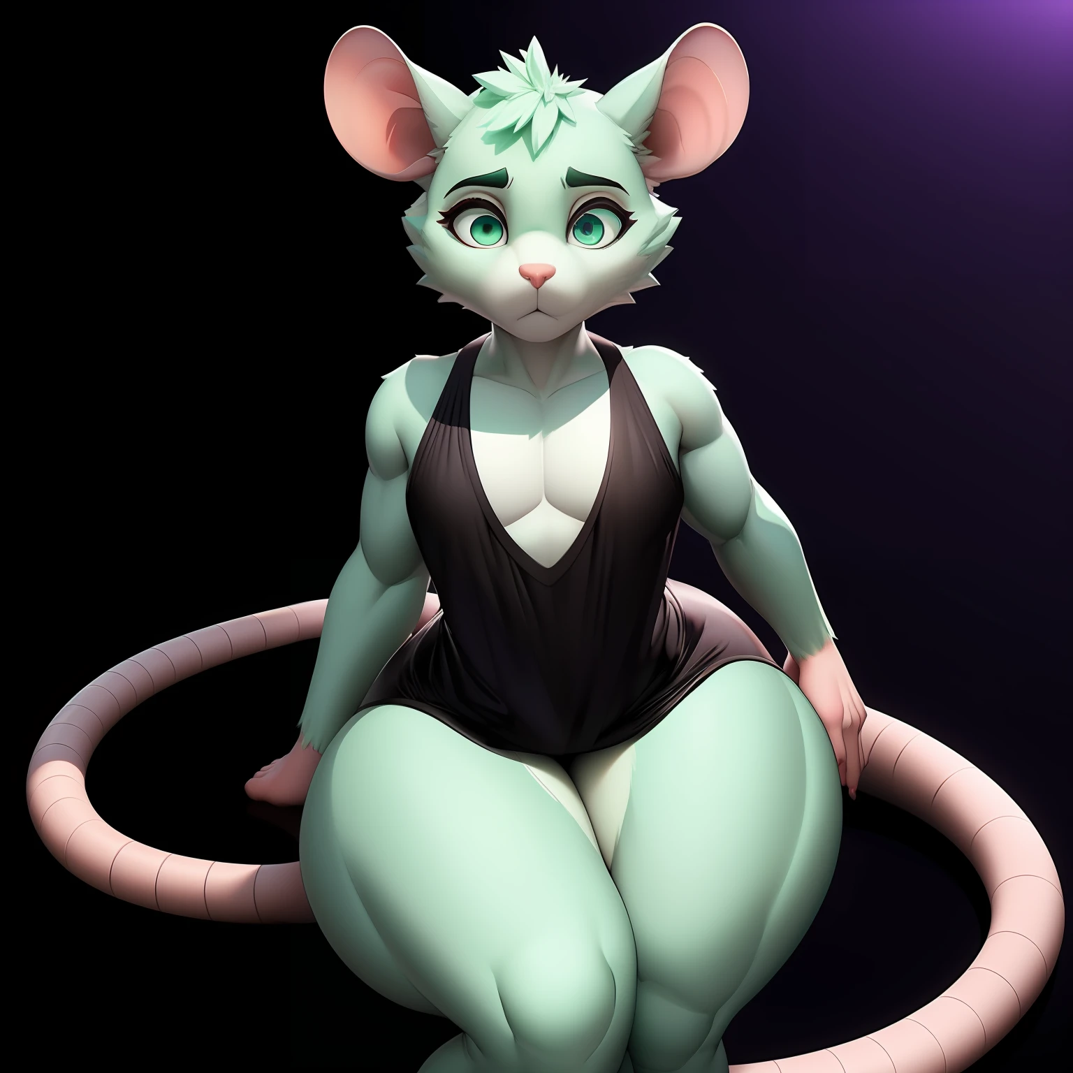 Solo, 1Boy, Boy, male, massive thighs, big butt, (((flat chest))), (((huge penis))), rat tail, cute, detailed, Black Background, romantic lighting, beautiful, good details, 3D, photography, Unreal engine, (((rat))), (((light mint green fur))), girly, (e621), black tank top, bottomless, wide hips, (((uploaded to e621))), (((by picturd))), worried look