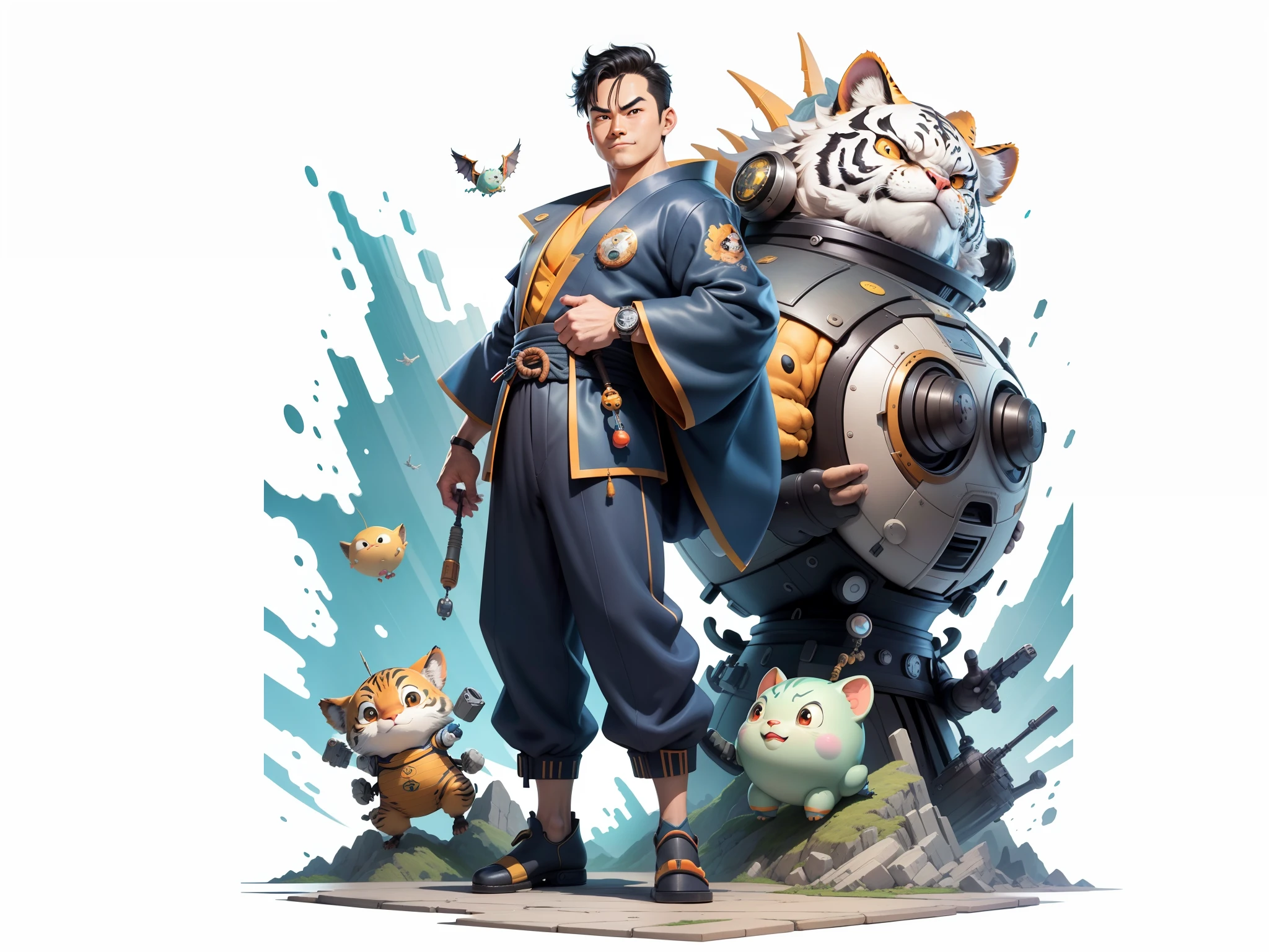 (Masterpiece), (Excellent), (Super Meticulous), (Full Body: 1.2), Super Young Man, Oriental Face, Japanese Kimono, Japanese Wind Thunder God, Dragon, Tiger, TV Anchor, Bust Portrait Illustration, Alone, Black Suit, Blue Tie, Slightly Chubby Face, Very Clean Face, No Beard, Black Super Short Hair, Black Eyes, Confident Smile, 3c Computer Sub-Products, iPad, iPhone, Digital Painting, 3D Character Design by Akira Toriyama and Mark Claireden and Pixar and Hayao Miyazaki, The illustration is a high-definition illustration in 4K resolution with very detailed facial features and cartoon-style visuals.