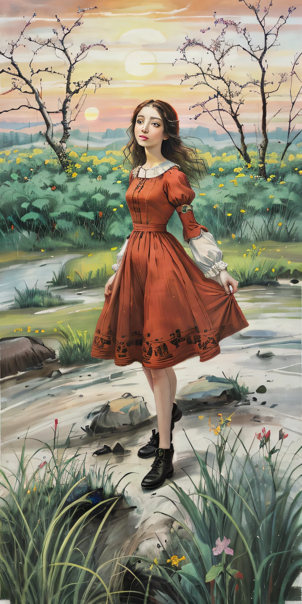 renaissance painting of 1 woman in a field of green plants and flowers, red dress, sunset, warm lighting