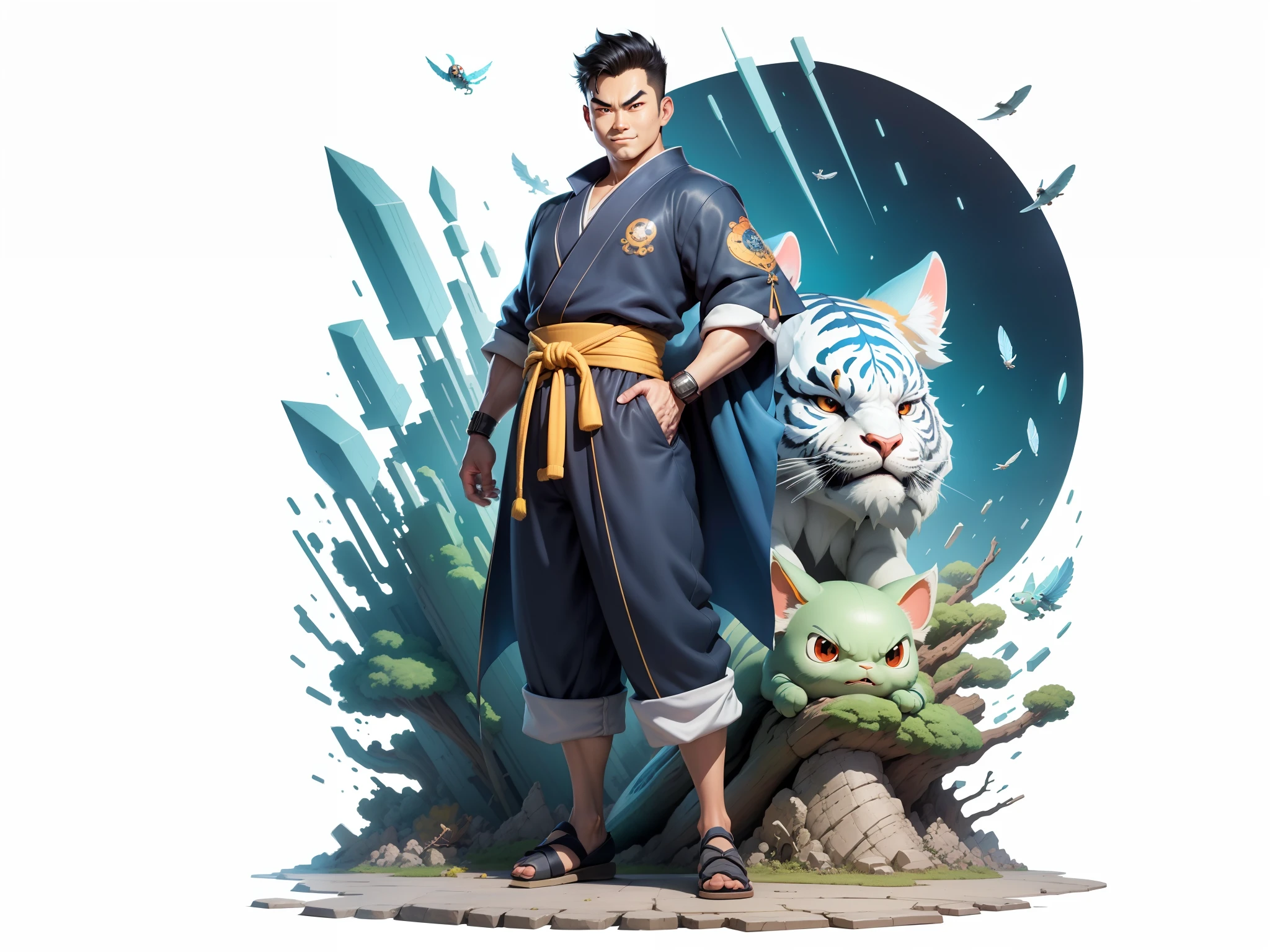 (Masterpiece), (Excellent), (Super Meticulous), (Full Body: 1.2), Super Young Man, Oriental Face, Japanese Kimono, Japanese Wind Thunder God, Dragon, Tiger, TV Anchor, Bust Portrait Illustration, Alone, Black Suit, Blue Tie, Slightly Chubby Face, Very Clean Face, No Beard, Black Super Short Hair, Black Eyes, Confident Smile, 3c Computer Sub-Products, iPad, iPhone, Digital Painting, 3D Character Design by Akira Toriyama and Mark Claireden and Pixar and Hayao Miyazaki, The illustration is a high-definition illustration in 4K resolution with very detailed facial features and cartoon-style visuals.
