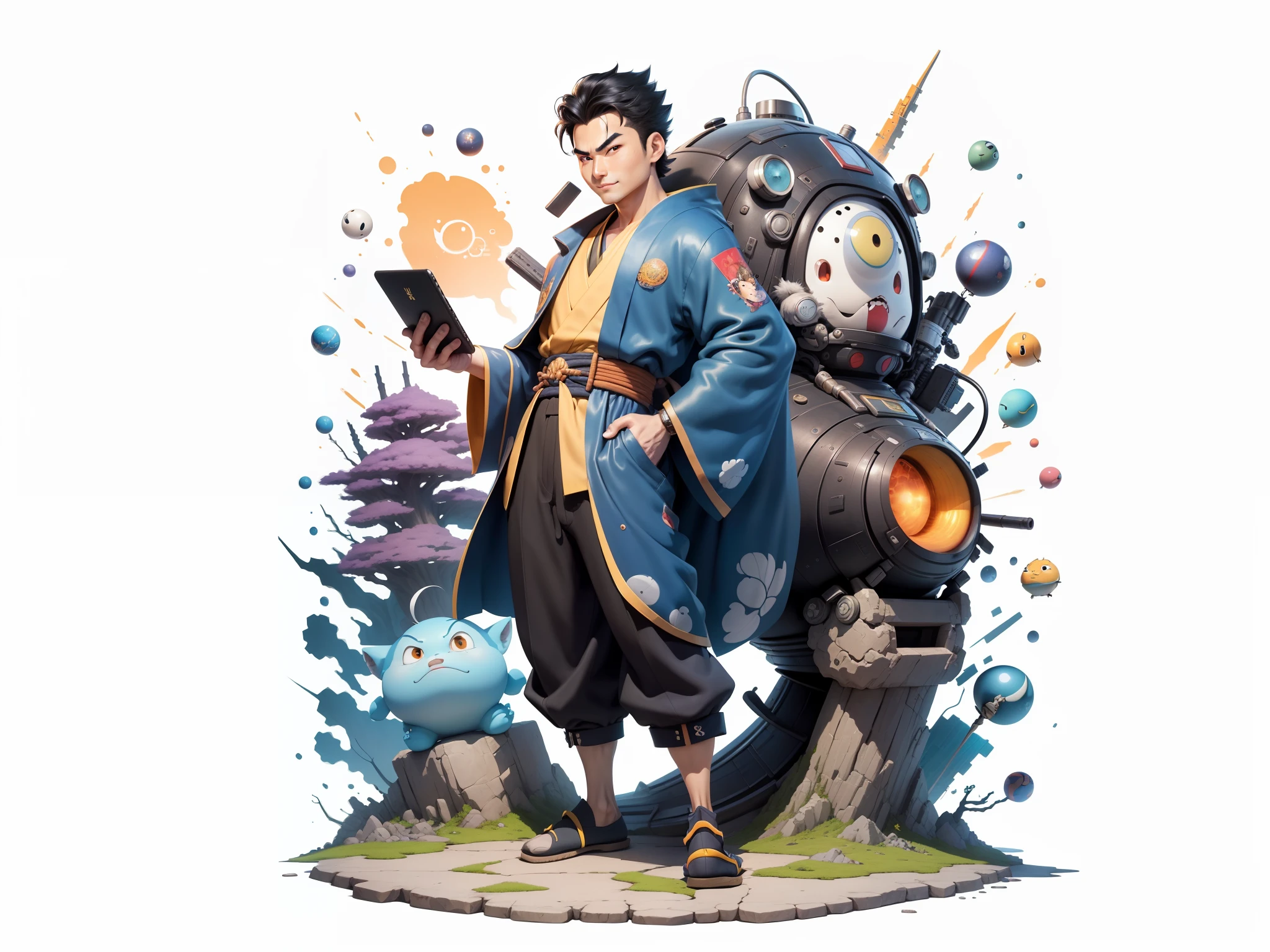 (Masterpiece), (Excellent), (Super Meticulous), (Full Body: 1.2), Super Young Man, Oriental Face, Japanese Kimono, Japanese Wind Thunder God, Dragon, Tiger, TV Anchor, Bust Portrait Illustration, Alone, Black Suit, Blue Tie, Slightly Chubby Face, Very Clean Face, No Beard, Black Super Short Hair, Black Eyes, Confident Smile, 3c Computer Sub-Products, iPad, iPhone, Digital Painting, 3D Character Design by Akira Toriyama and Mark Claireden and Pixar and Hayao Miyazaki, The illustration is a high-definition illustration in 4K resolution with very detailed facial features and cartoon-style visuals.