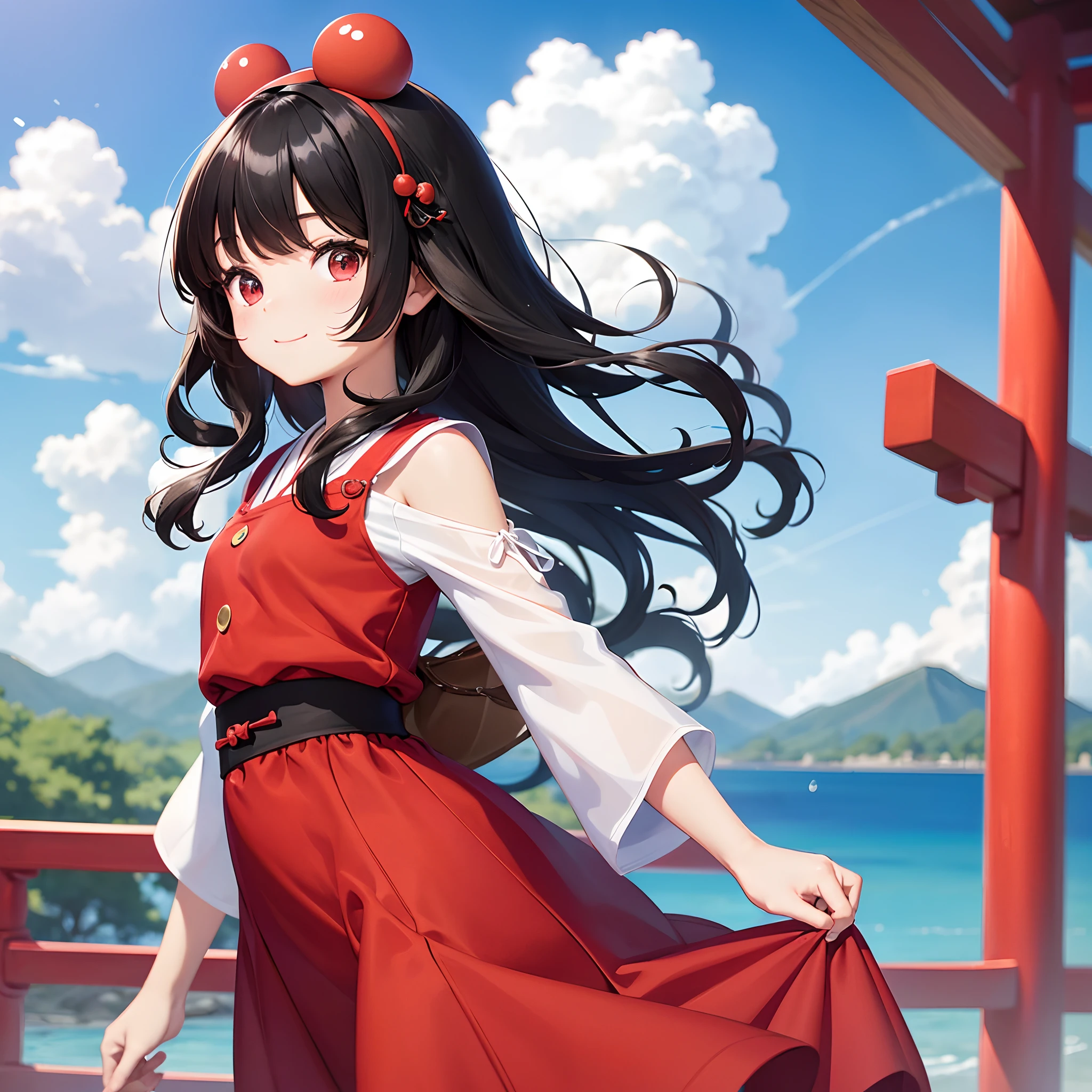 with round face+Long slightly curly black hair+Cute smiley face+(Wearing a red dress+shift dresses+Japanese old anime style:1.2)In the scene under the blue sky and white clouds --auto