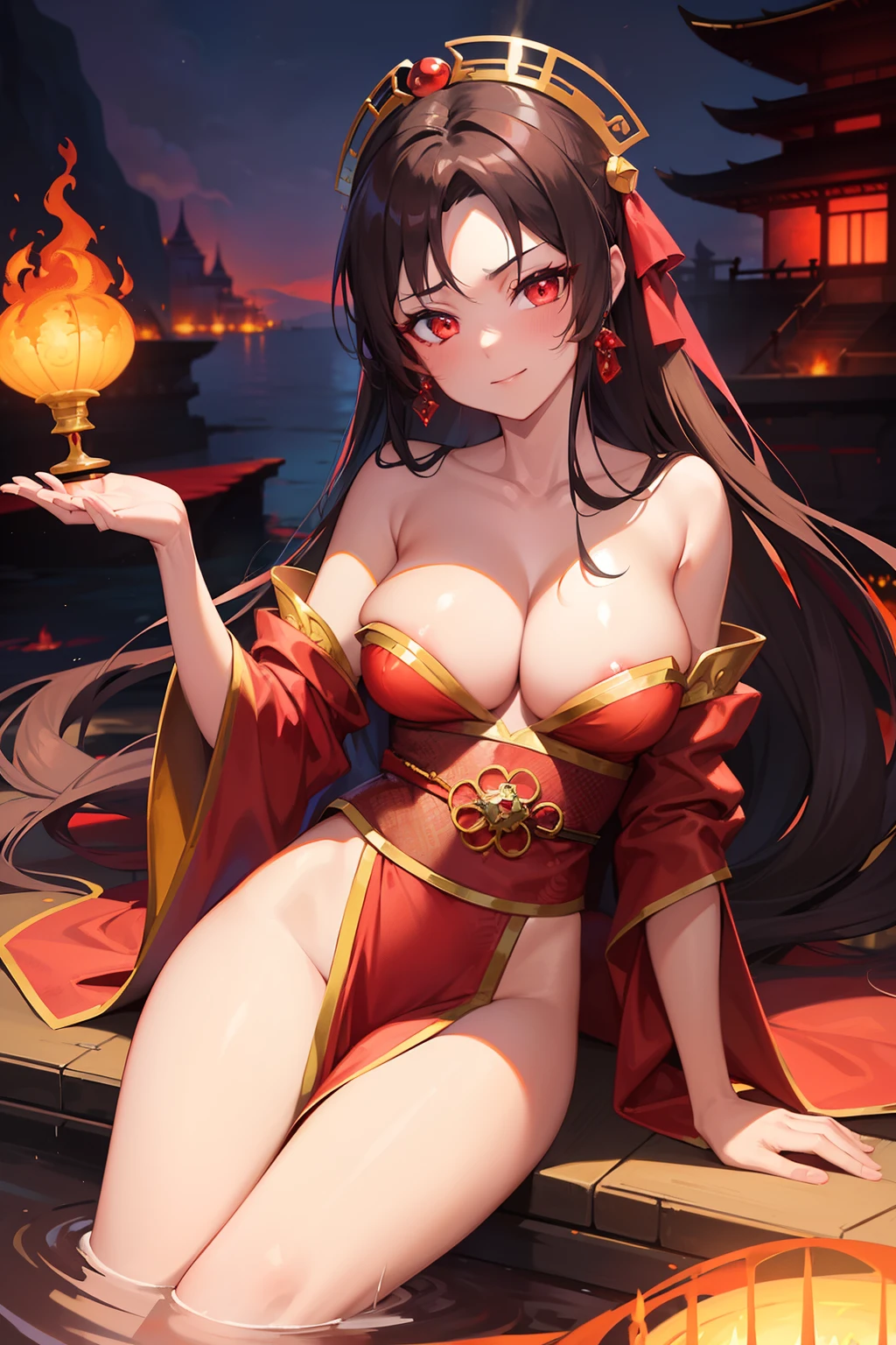 princess azula, evening, sunset, looking at viewer, cleavage, red satin robes, clothed bathing, girl floating above the water, palace, temple, fire, lava, red glowing, smug face (NSFW)